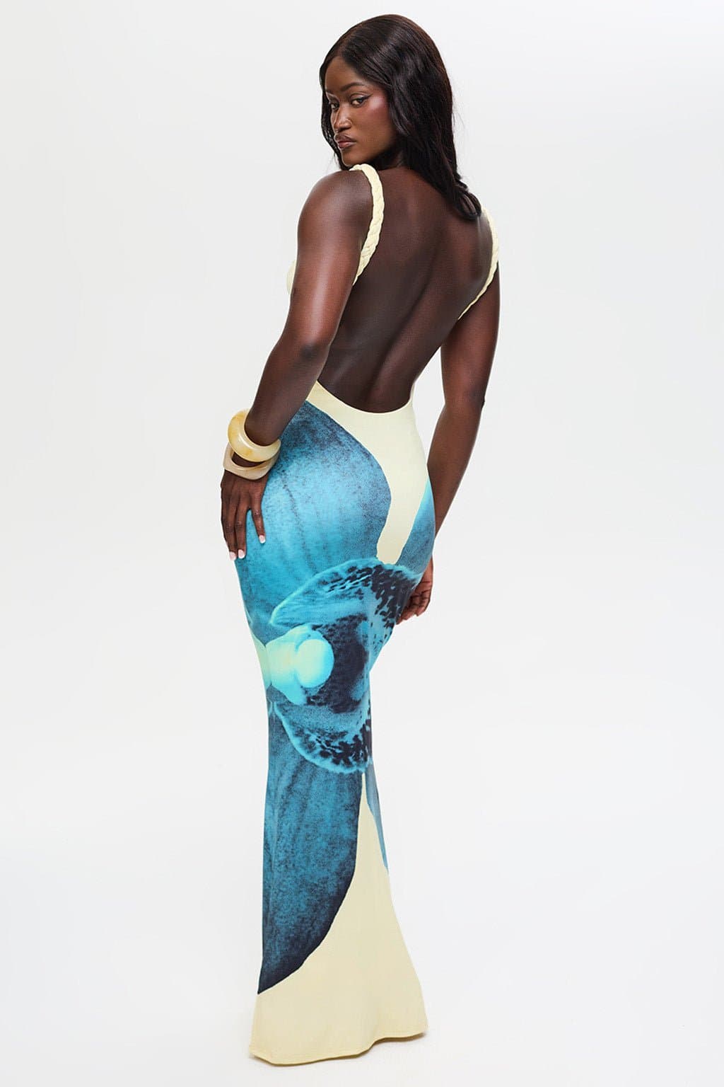 FLEUR Maxi Dress Jungle Orchid Print Square Neck Backless High Stretch