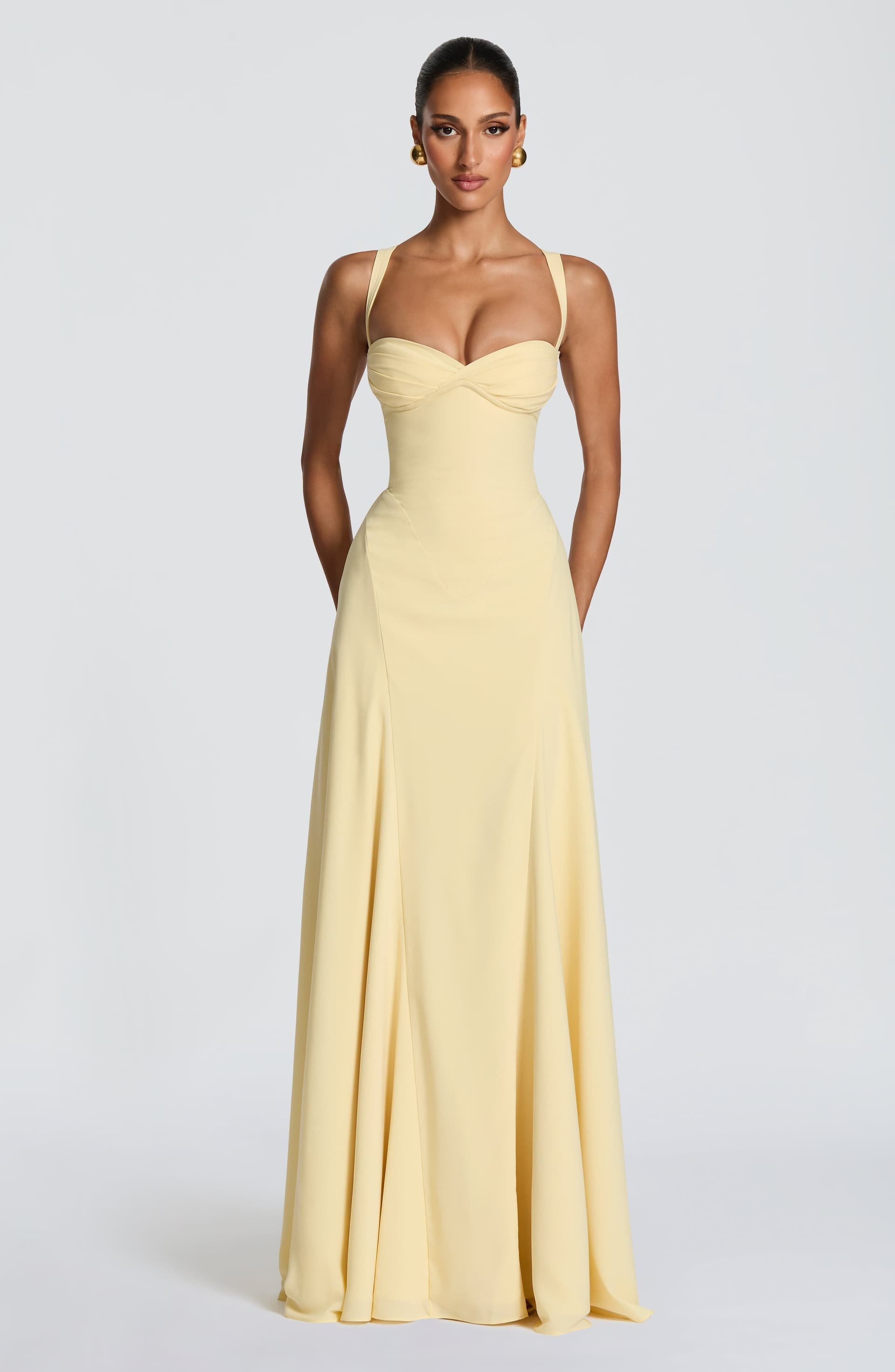Irie Lemon Maxi Dress Chiffon Sweetheart Neckline Lace-Up Back