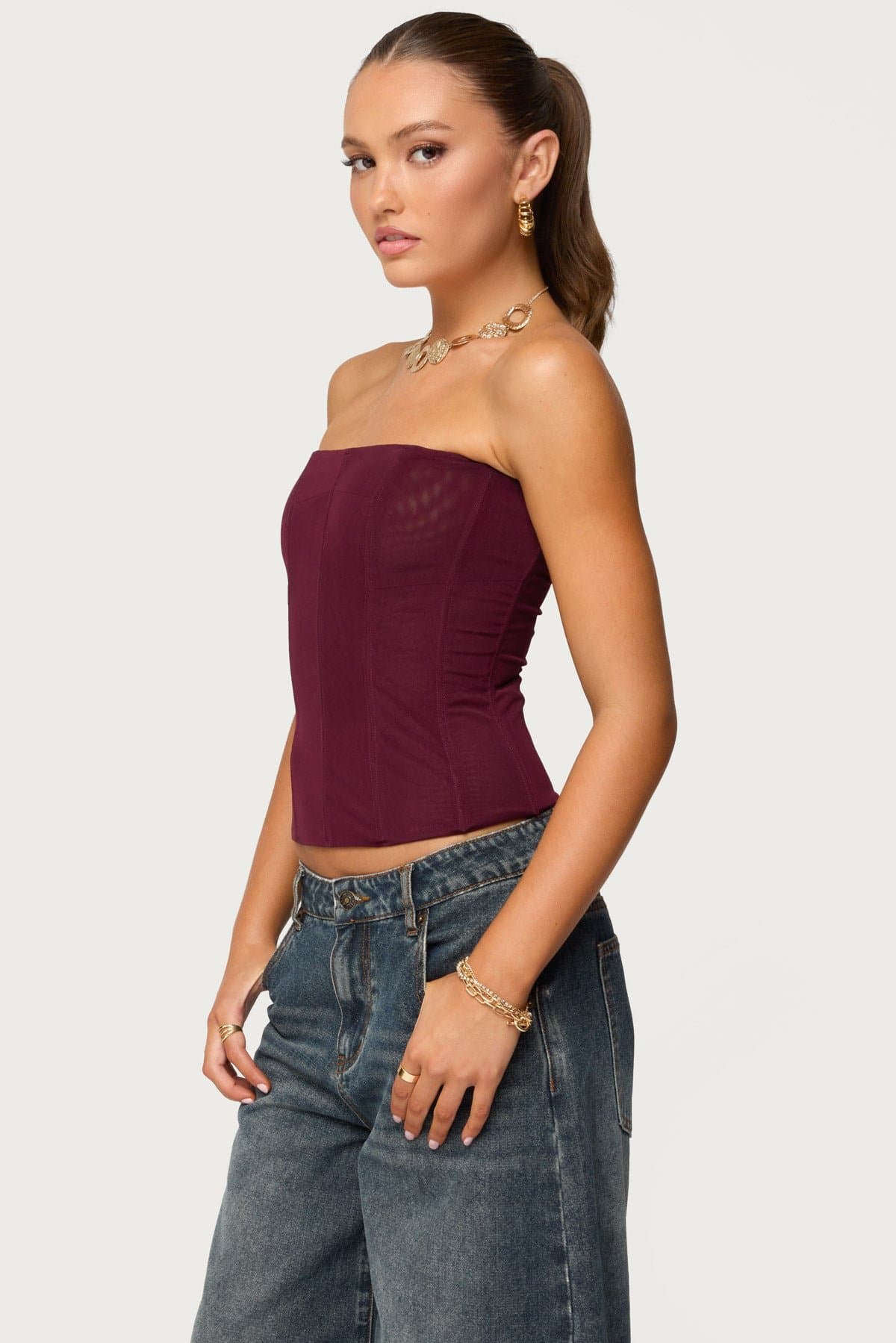 Reed Sheer Mesh Strapless Boned Corset Polyester Spandex Black