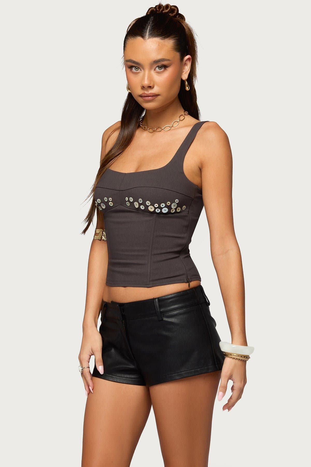 Libbie Iridescent Button Corset - Adjustable Straps, Boned Bodice, Square Neckline, Polyester Spandex