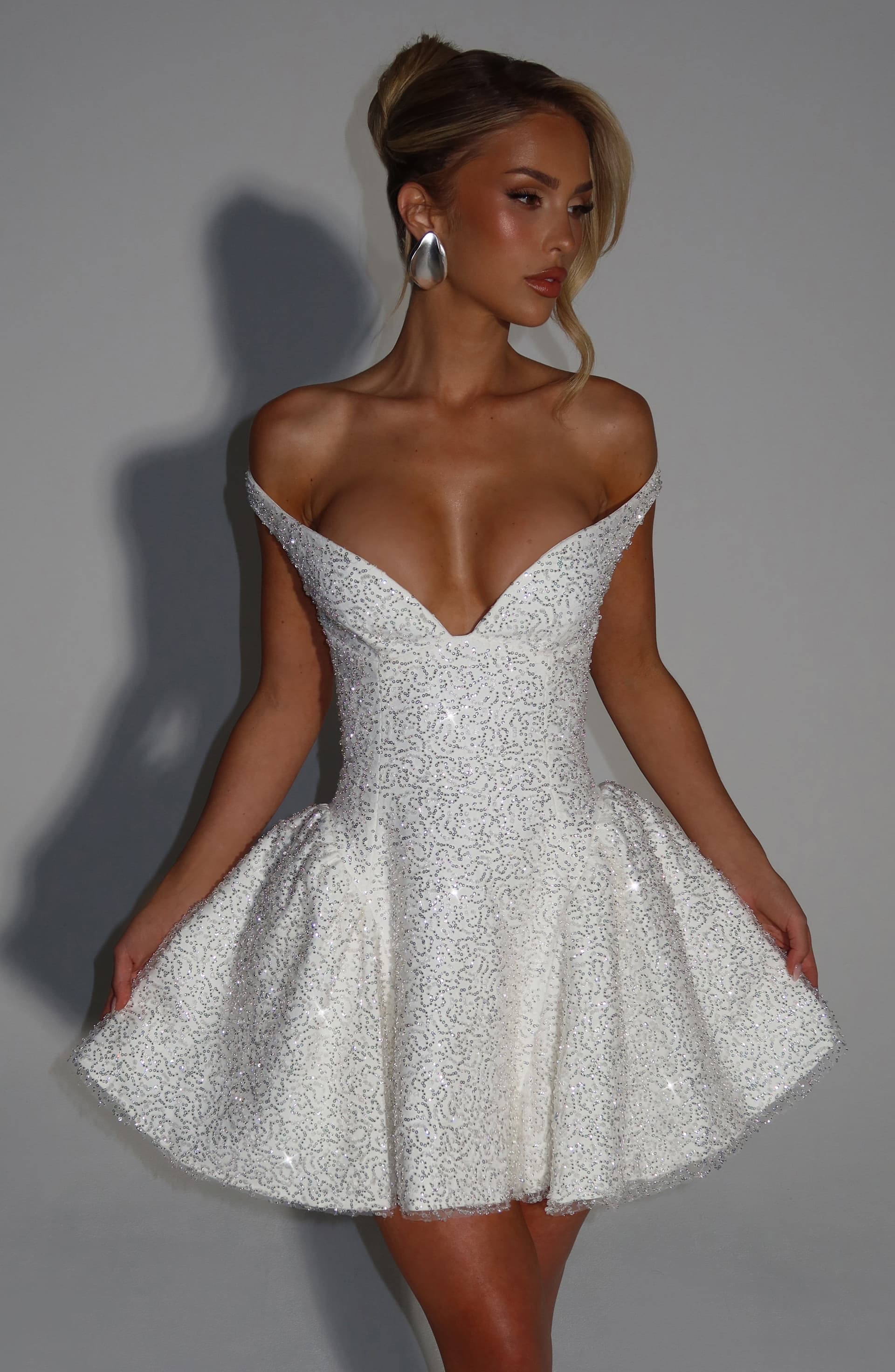 Sapphire Mini Dress in Ivory Crepe Fabric Plunge Bardot Neckline