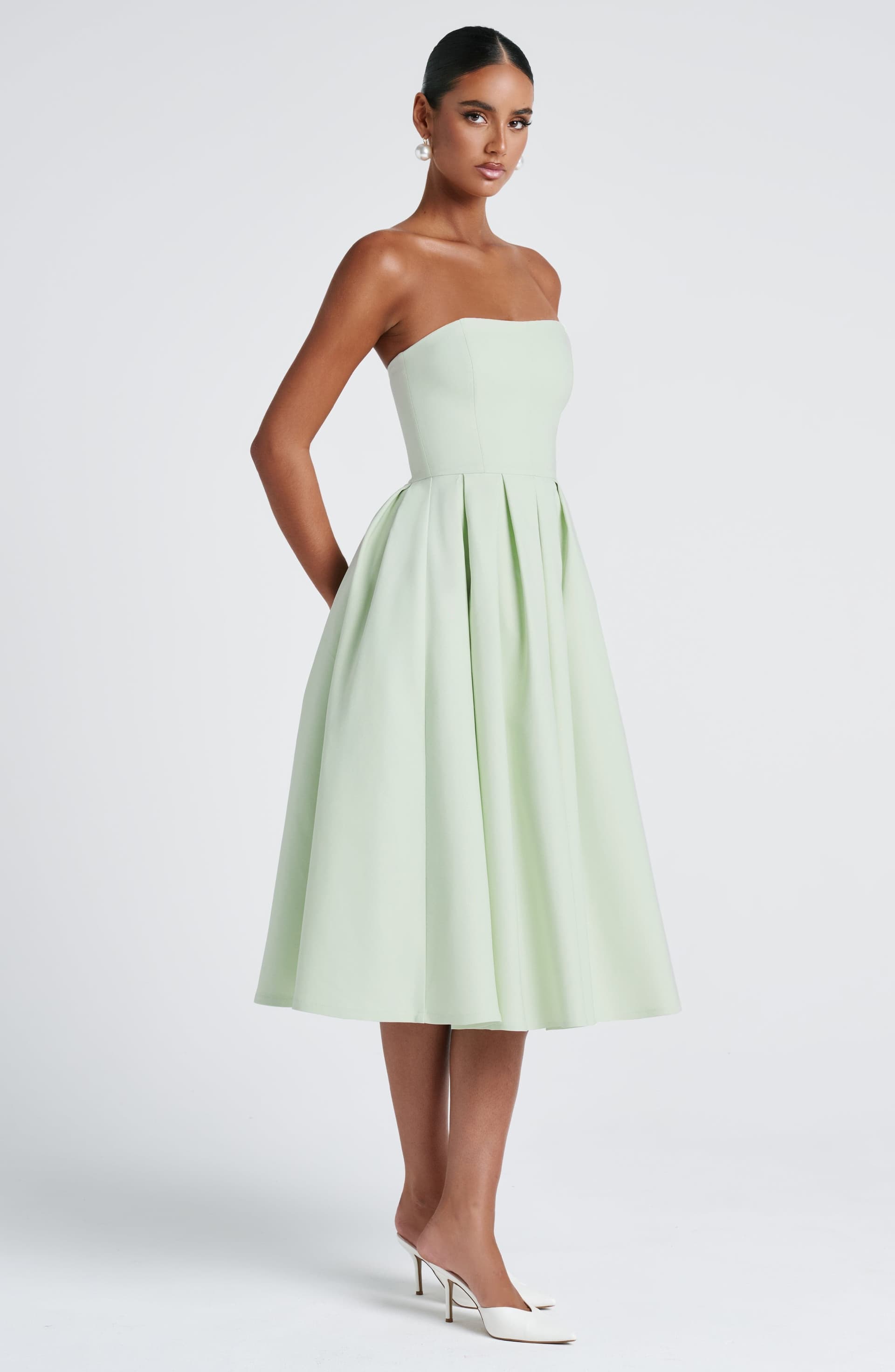 Edith Midi Dress - Mint Strapless Pleated Stretch Bengaline