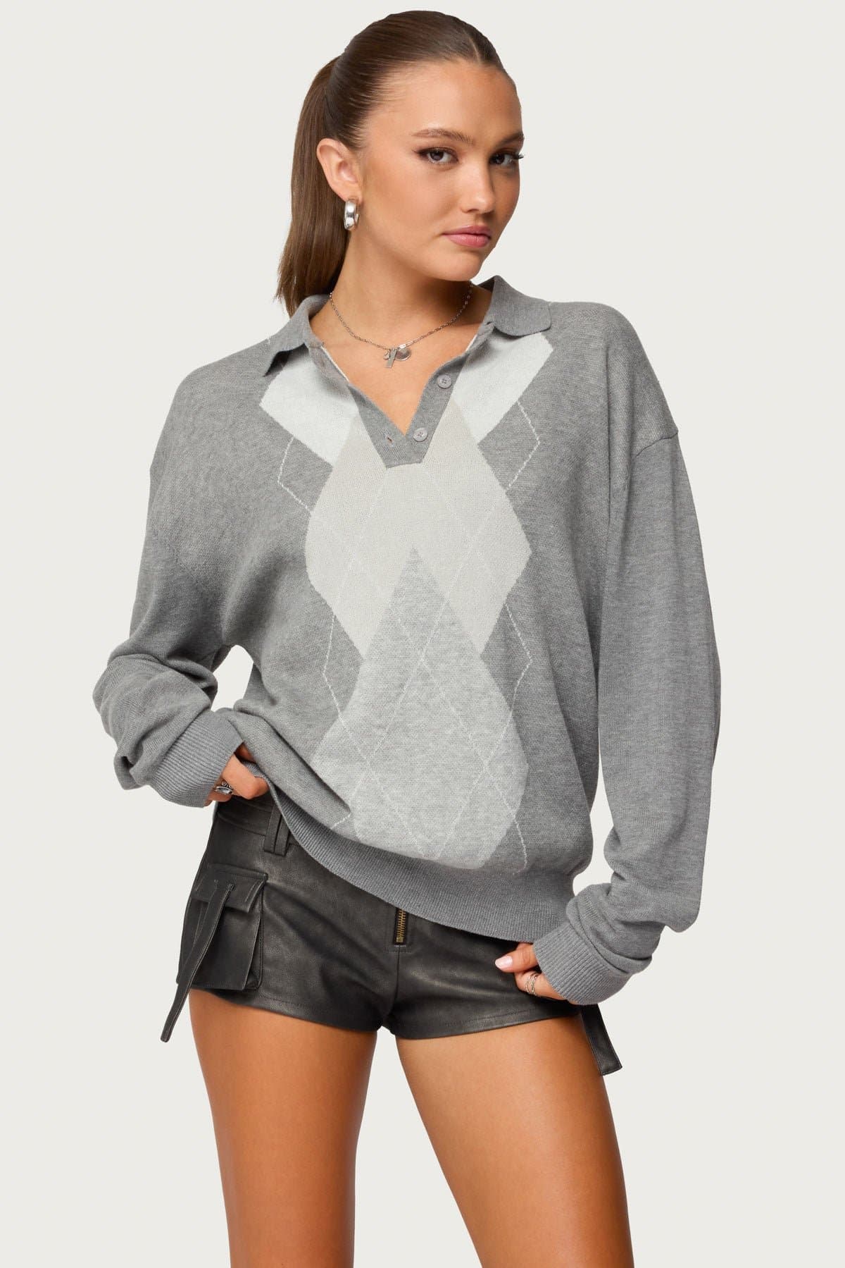 Kati Argyle Oversized Polo Sweater - 100% Cotton Knit Rugby Shirt