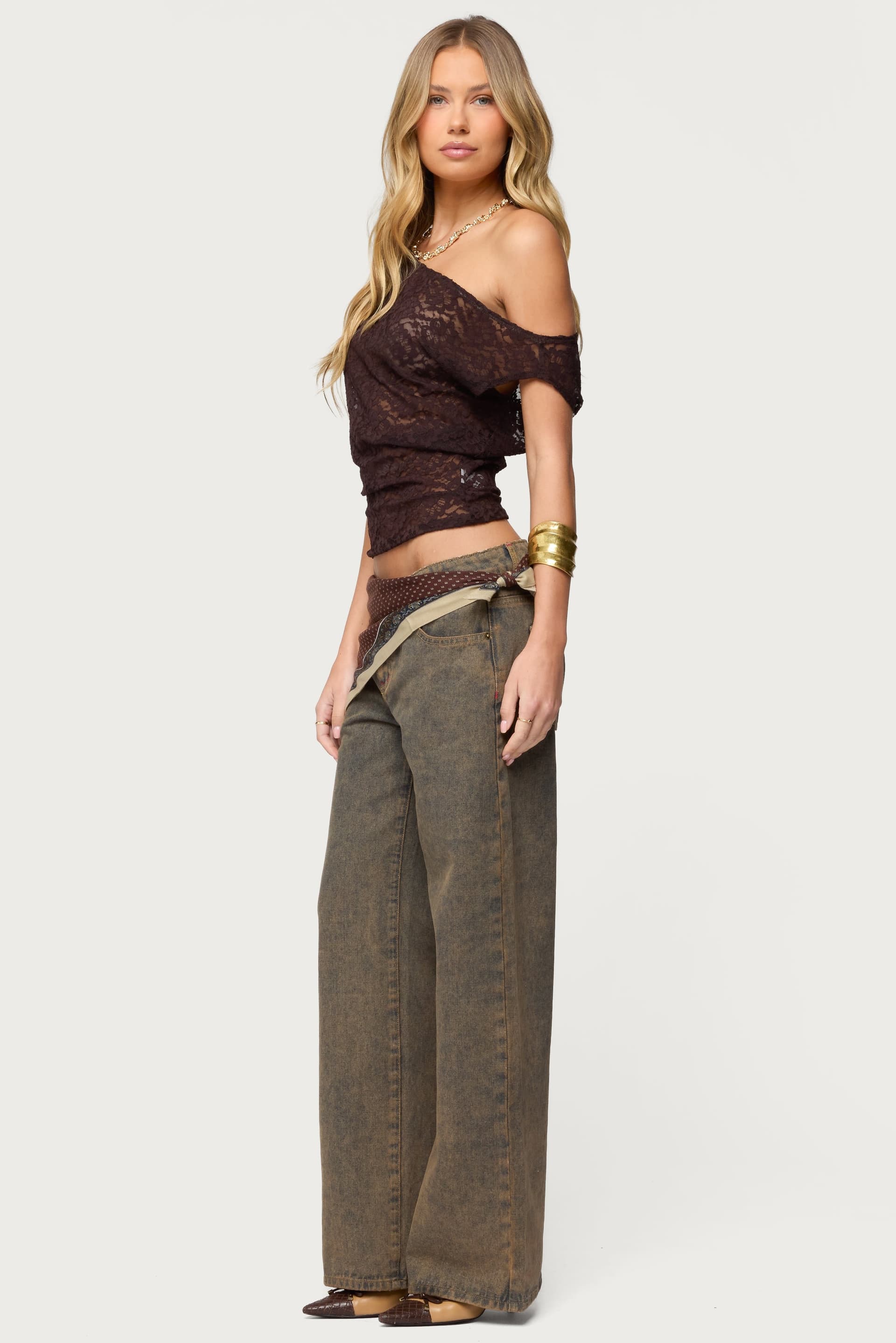 Kessa Sheer Lace Off Shoulder Top Fitted Waist Nylon Spandex