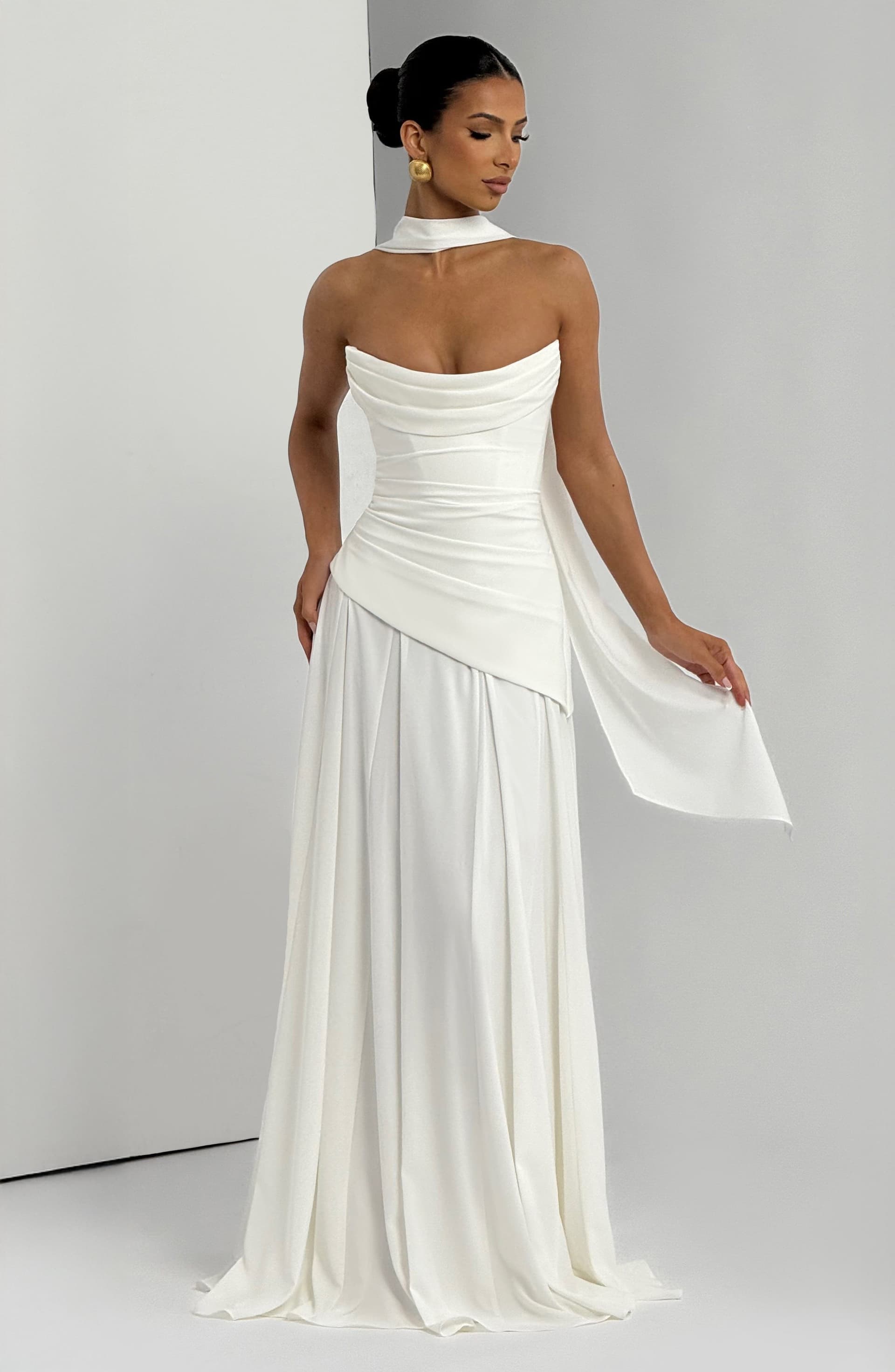 Patricia Maxi Dress in Ivory Chiffon with Lace-Up Back and Godet Skirt