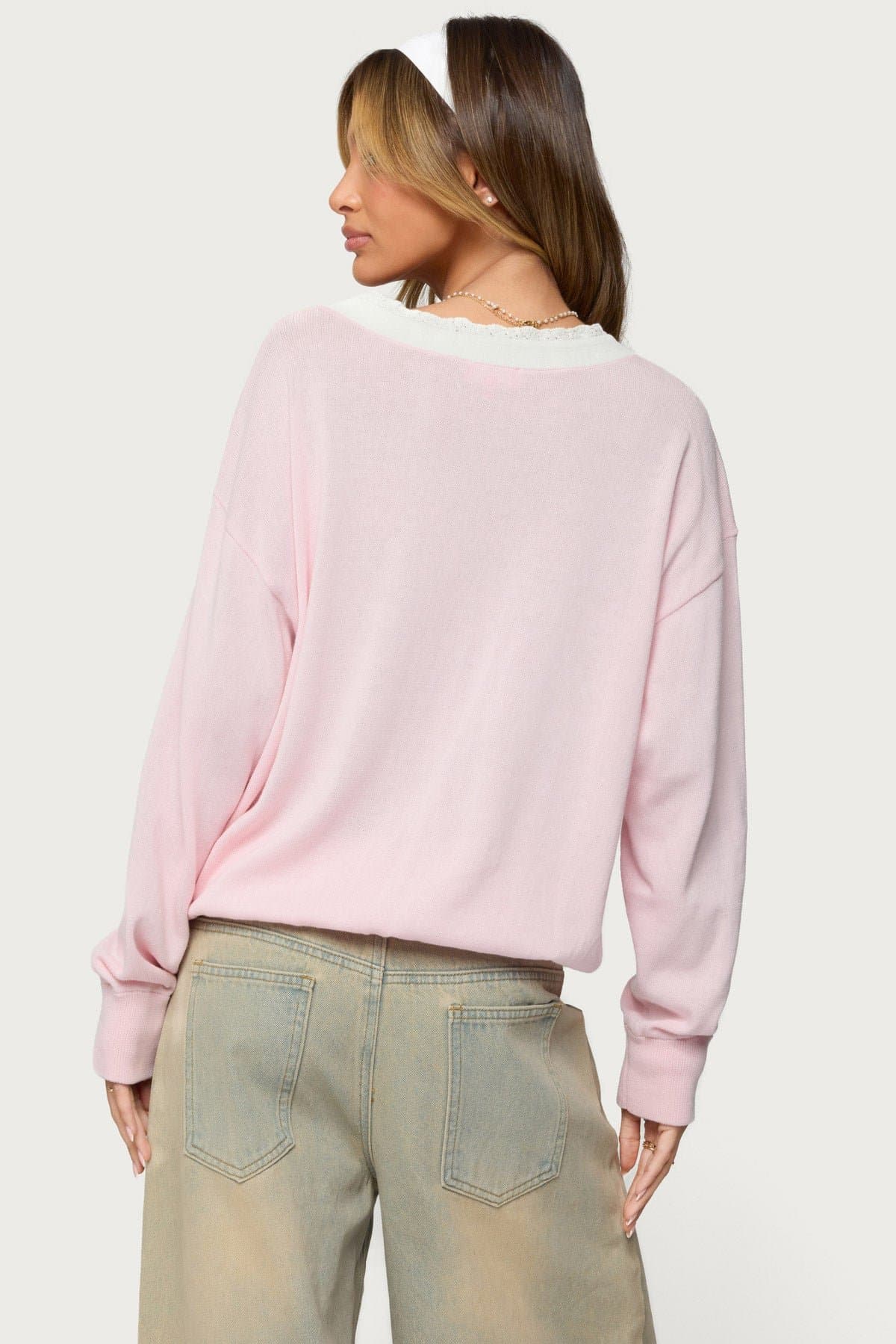 Marie Contrast Lacey V-Neck Cotton Knit Sweater