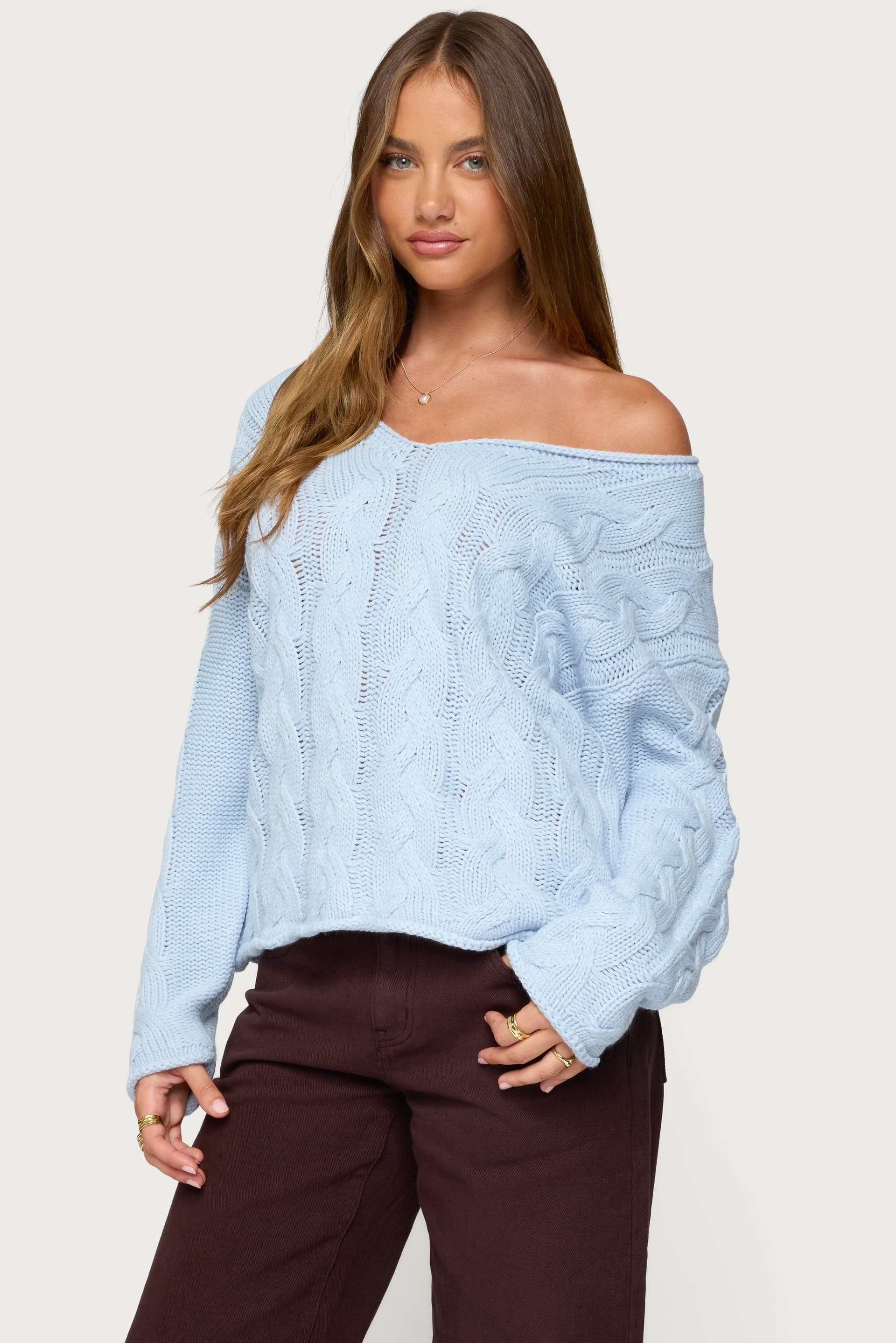 Inga Oversized Cable Knit Sweater - Deep V Neck Acrylic Sweater