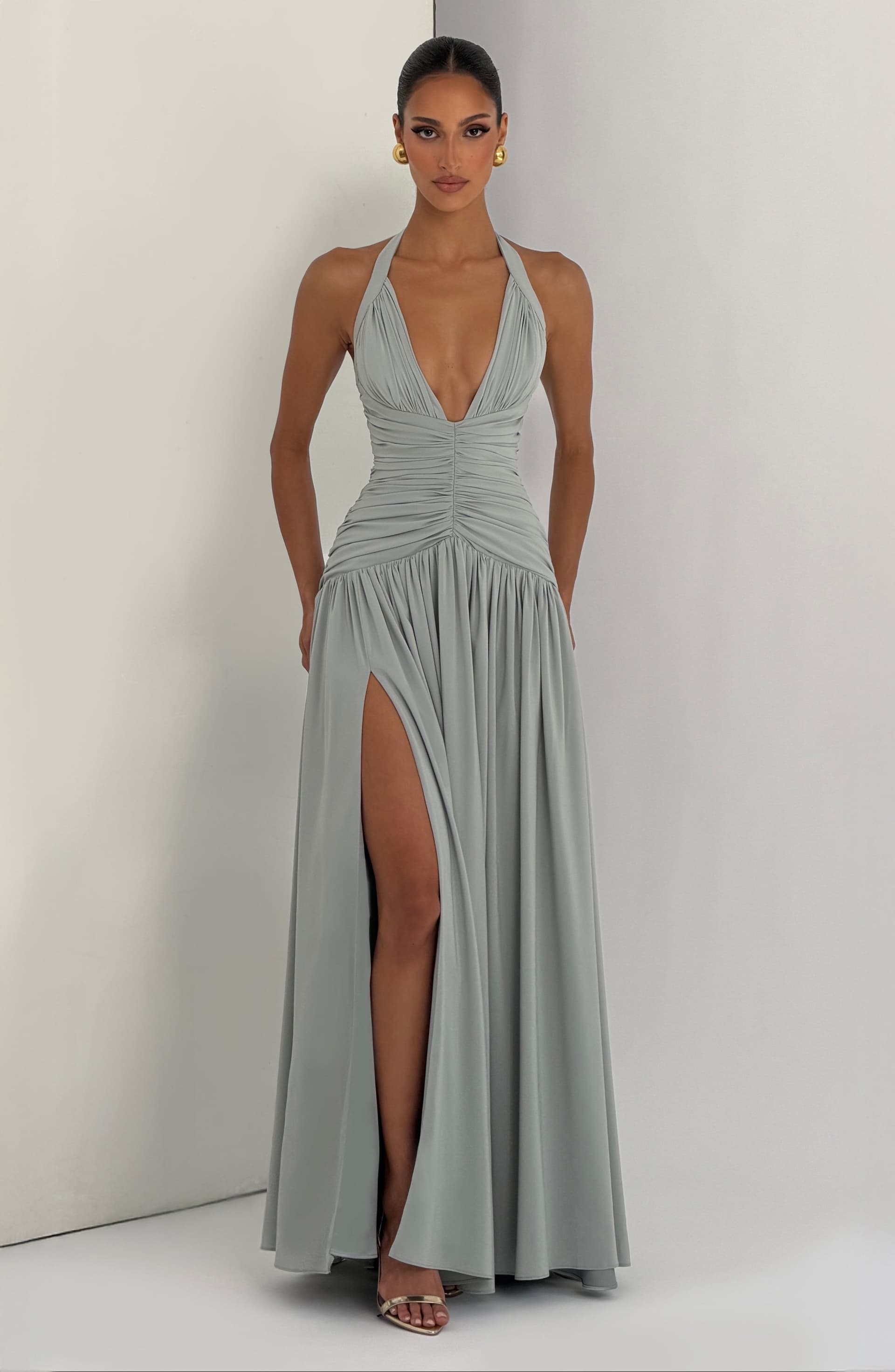 Amaris Maxi Dress - Sage Chiffon Plunge Halter Neck Thigh Split