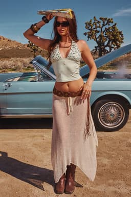 Sequin Plunge Neck Halter Top - Polyester Spandex