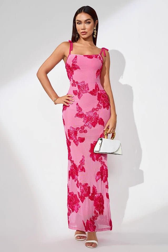Elegant 3D Flowers Embroidery Mesh Sleeveless A-Line Mid-Calf Floral Dress