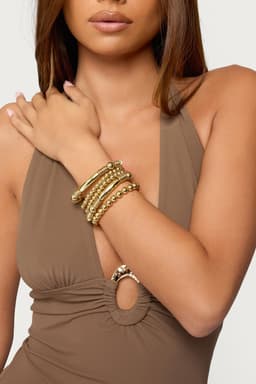 Mixed Bead Bracelet Pack of 5 Assorted Styles Gold Tone Metal 2.6 Inch Length