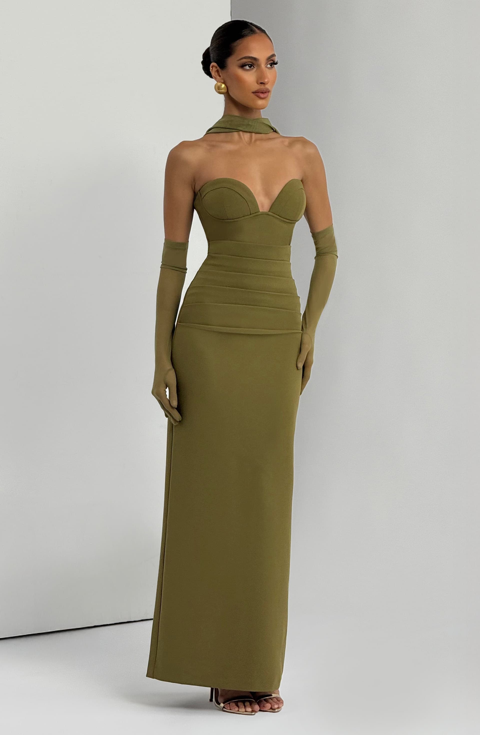 Lindsey Maxi Dress Deep Olive Strapless Underwired Crepe