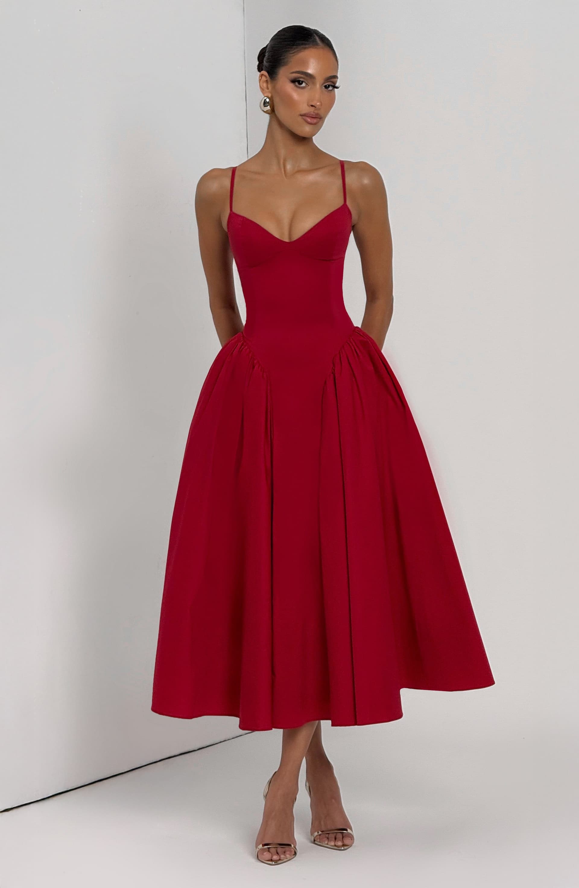 Emerson Midi Dress Red Sweetheart Neckline Lace-Up Back Dropped Waist