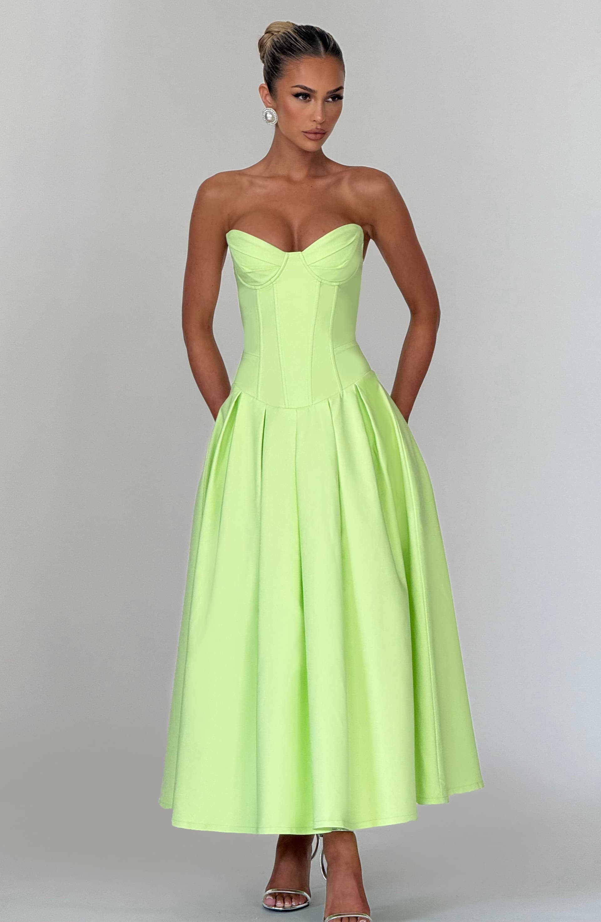 Salma Midi Dress Lime Green Stretch Bengaline Strapless Pleated Underwired