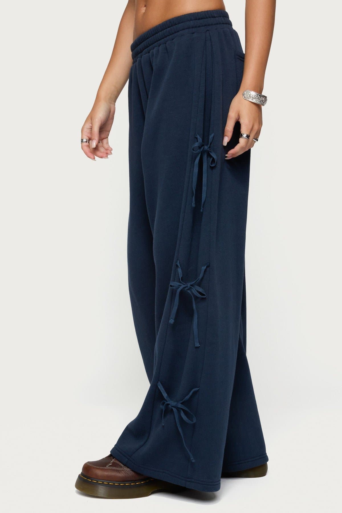 Claudette Baggy Ribbon Sweatpants - Polyester Cotton Elastic Waistband Side Ribbon Detail Small Inseam 30.91"