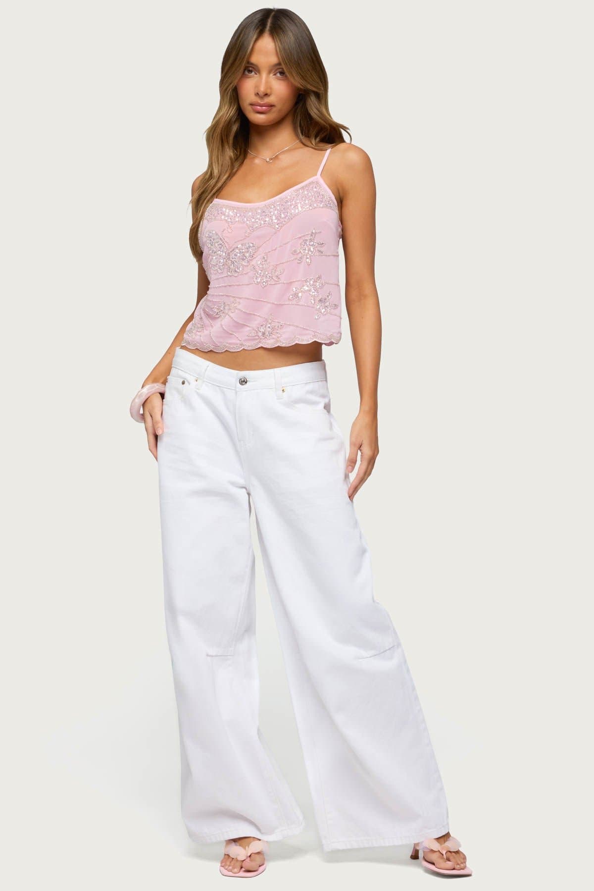 Bead & Sequin Chiffon Tank Top with Adjustable Straps