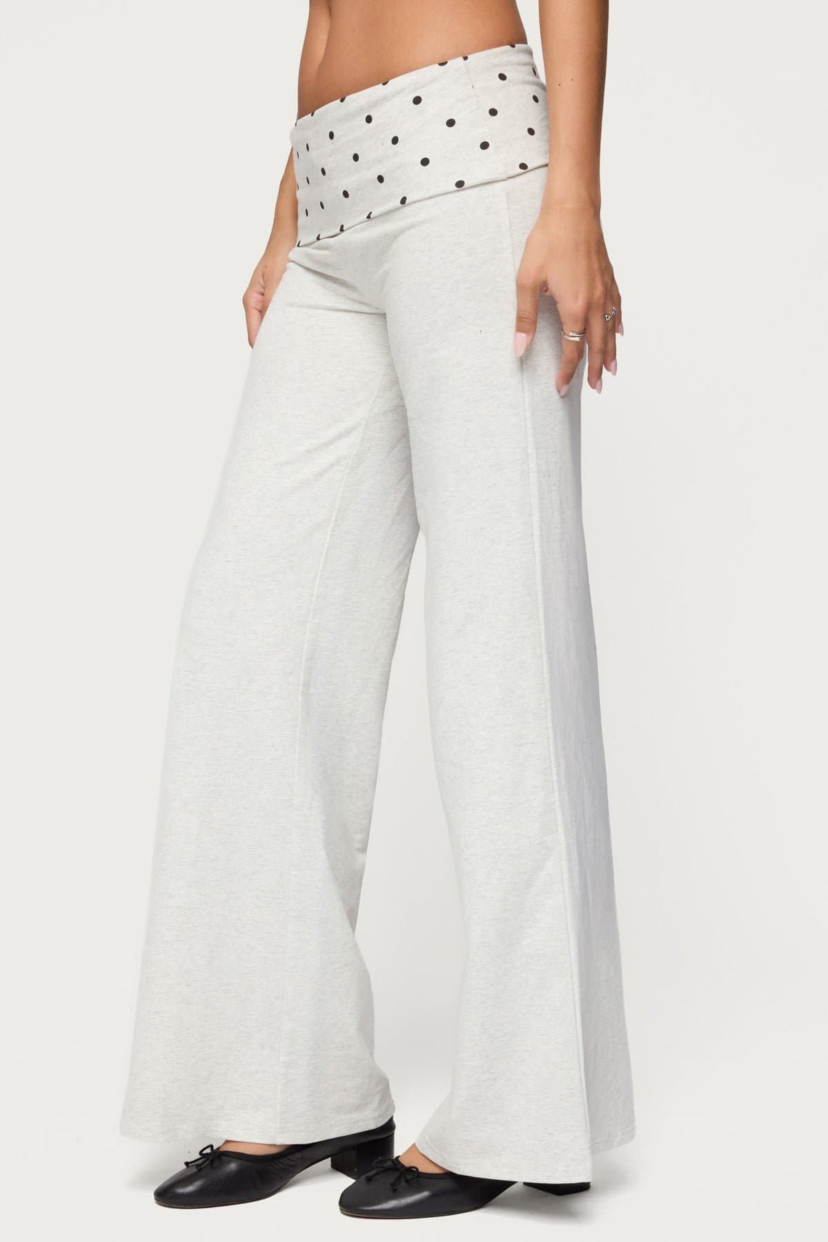 Reeva Polka Dot Foldover Wide Leg Pants - Cotton Spandex Size S Inseam 31.9"