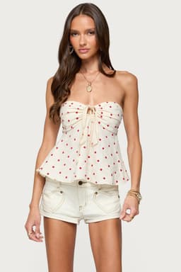 Izzey Polka Dot Strapless Babydoll Top - 100% Cotton Ruched Bust Smocked Back
