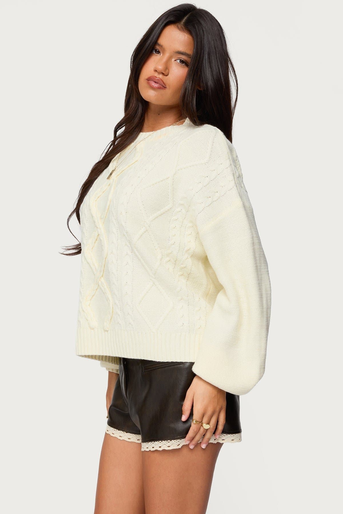Braided Cable Knit Oversized Sweater - Acrylic Fabric, Relaxed Fit