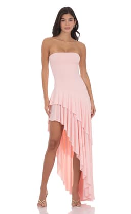 Strapless Ruffle Asymmetrical Maxi Dress in Baby Pink