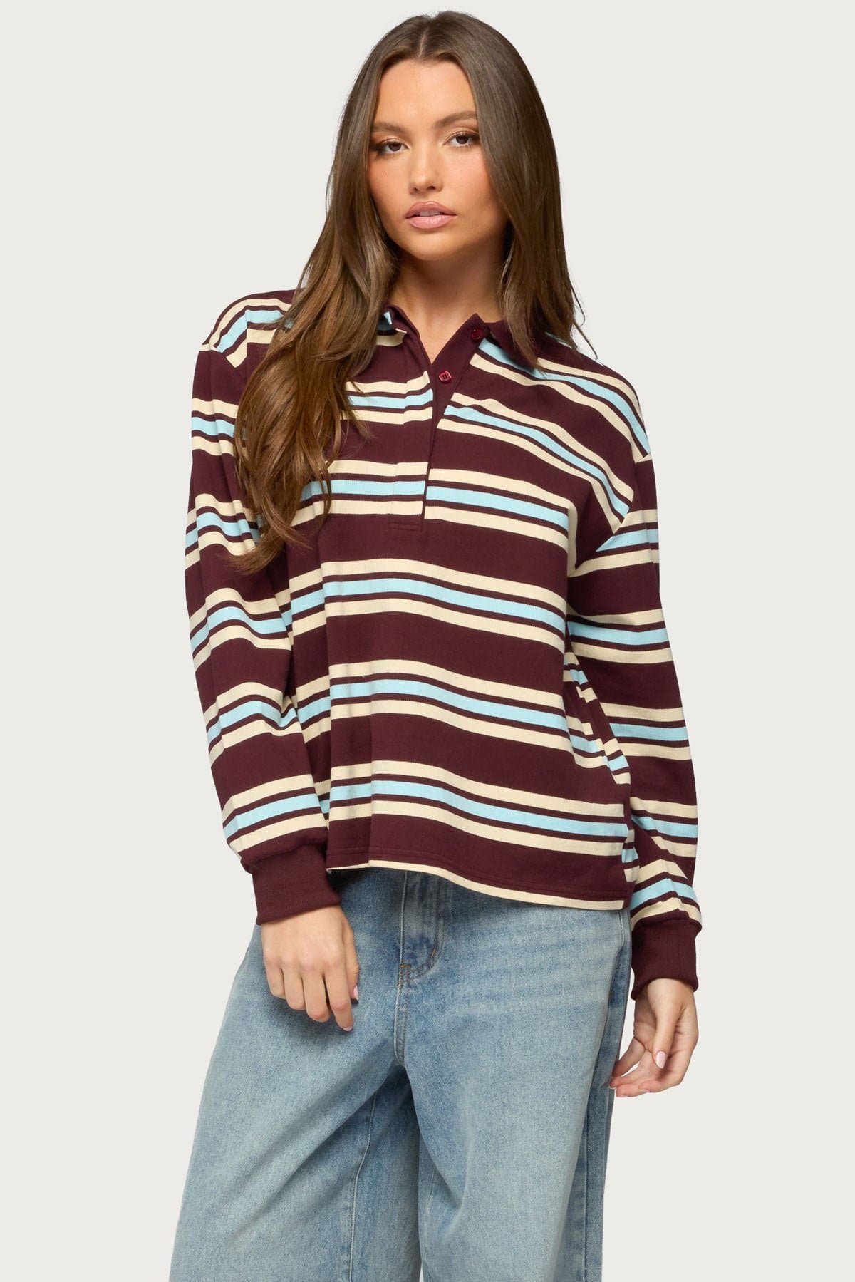 Renya Striped Rugby Shirt Long Sleeve Polo Cotton Rayon Spandex