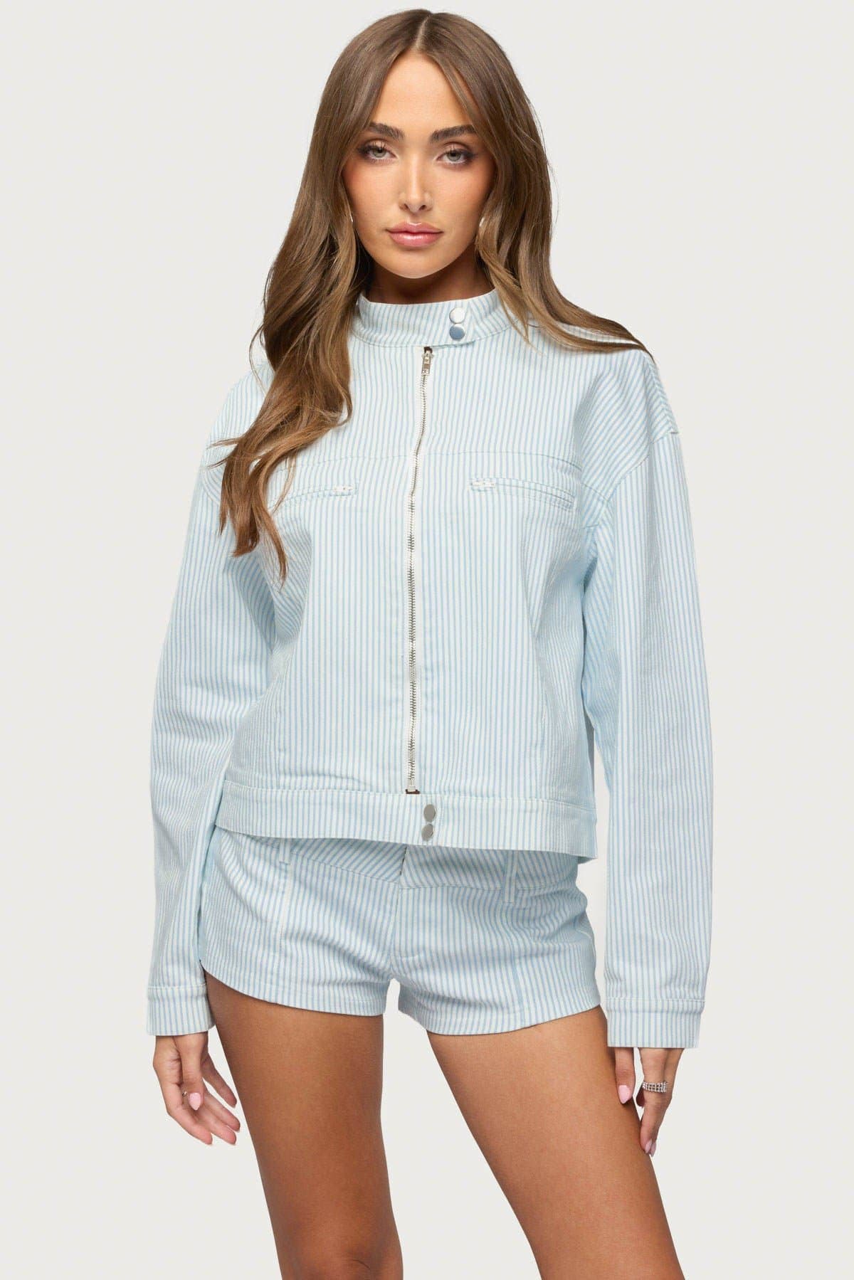 Myah Pinstripe Moto Jacket - Cotton Spandex High Neck Front Zip Women's Jacket