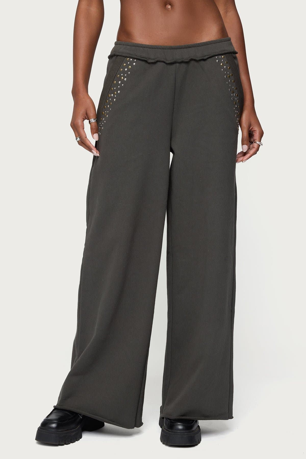 Wrenn Studded Wide Leg Sweatpants - Cotton Polyester, Rolled Hem