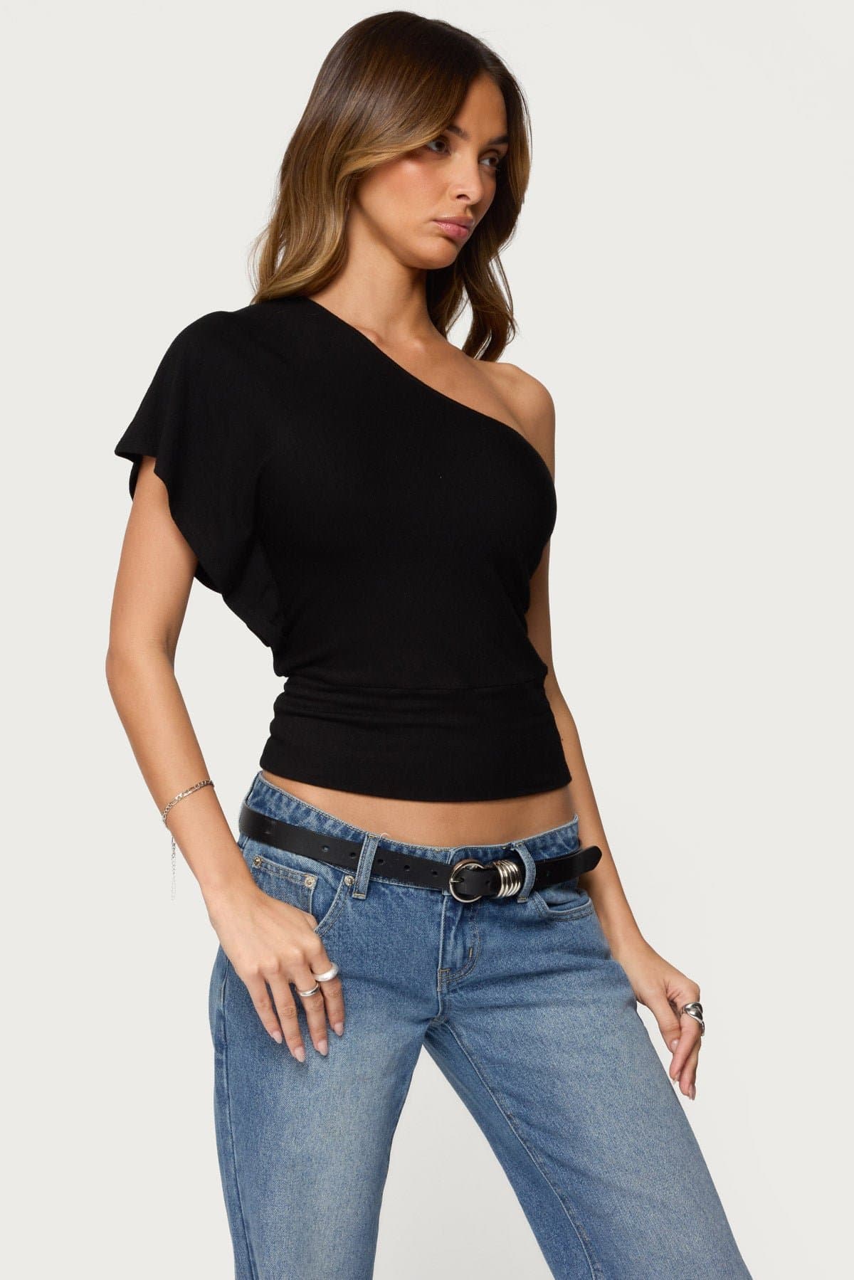 Asymmetric One Shoulder Top - Rayon Spandex Short Sleeve Fitted Hem