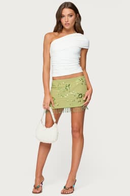 Sheer Sequin Bead Fringed Mini Skirt Floral Detailing Polyester