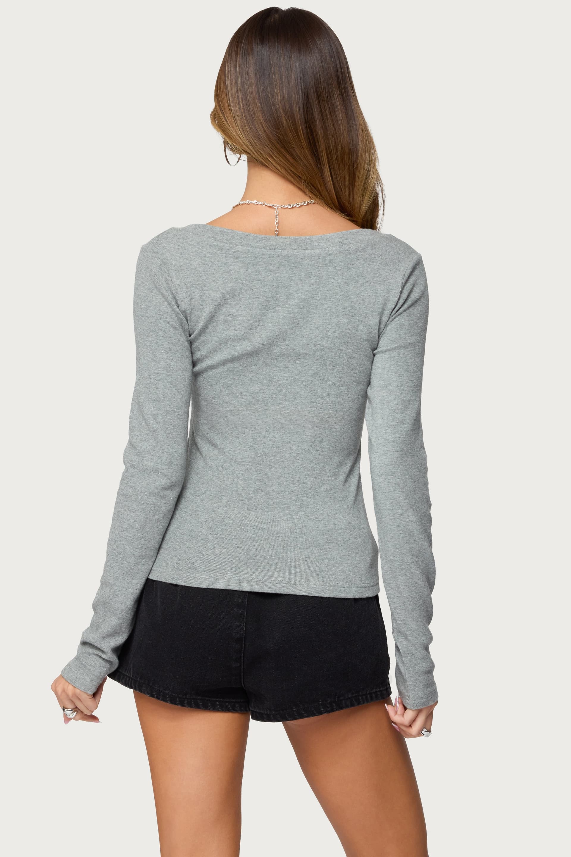 Larna V-Neck Long Sleeve Ribbed T-Shirt - Rayon Cotton Acrylic Spandex Blend