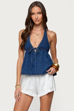 Safia Denim Halter Top - 100% Cotton with Neck Tie Closure and Front Detail