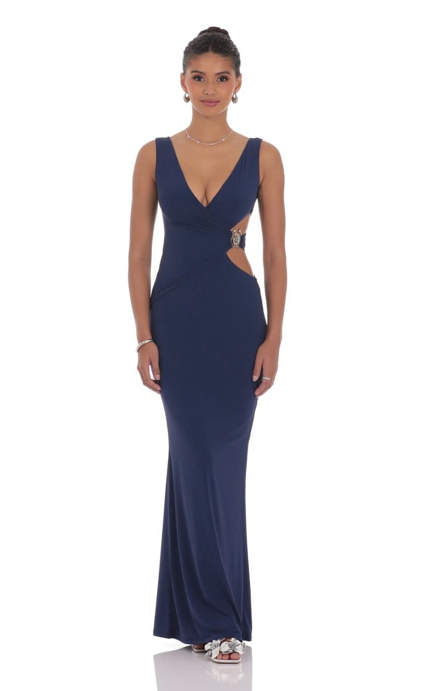 V-Neck Conch Cutout Maxi Dress in Navy
