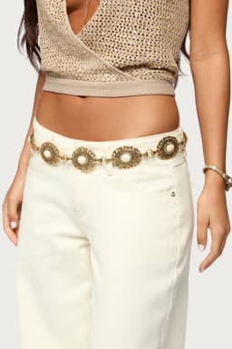 Stone Oval Pendant Chain Belt Gold Tone Metal Acrylic 50.4 Inch Length