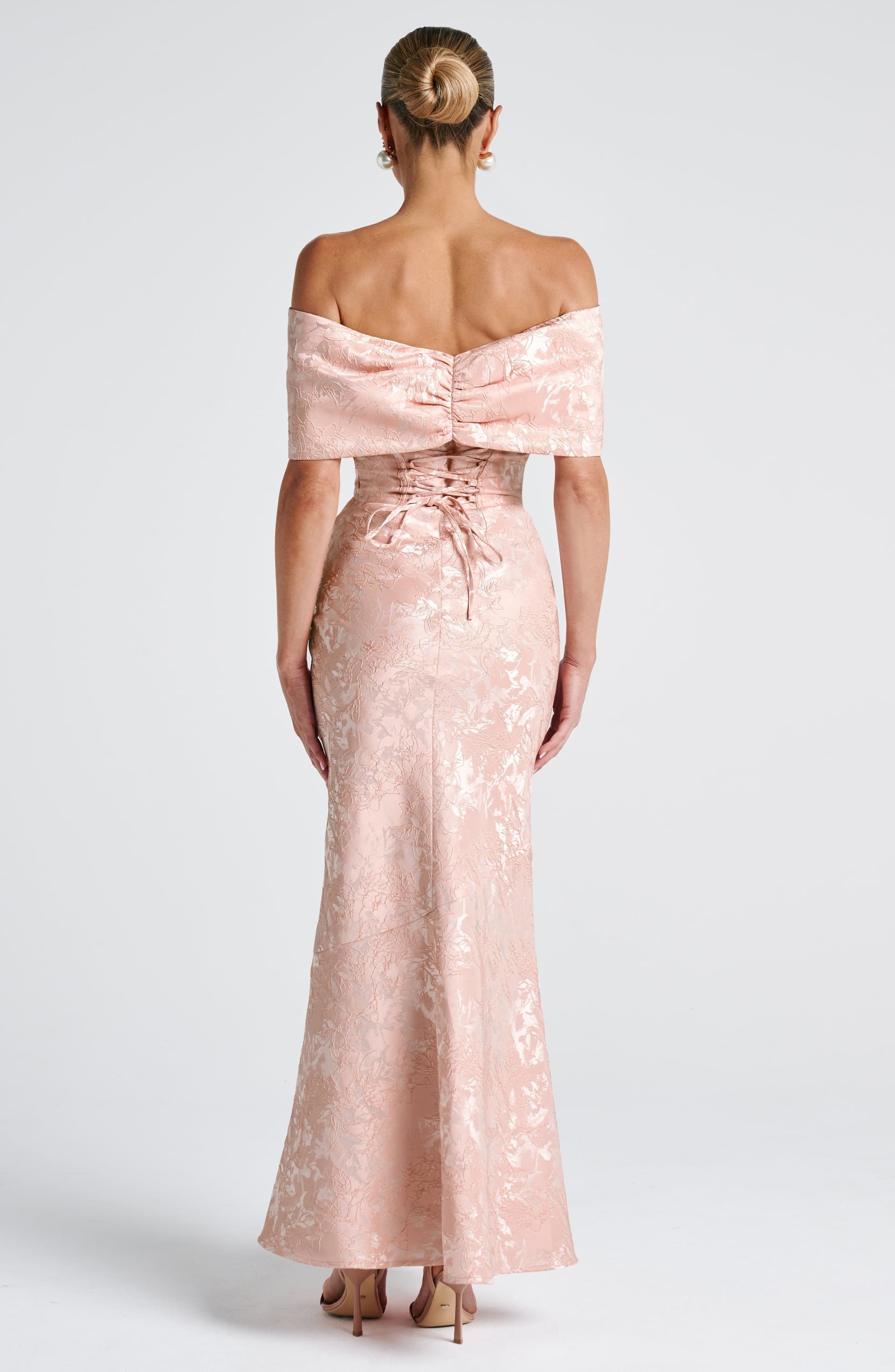 Emberly Soft Peach Maxi Dress Floral Jacquard Lace-Up Back Bardot Bow