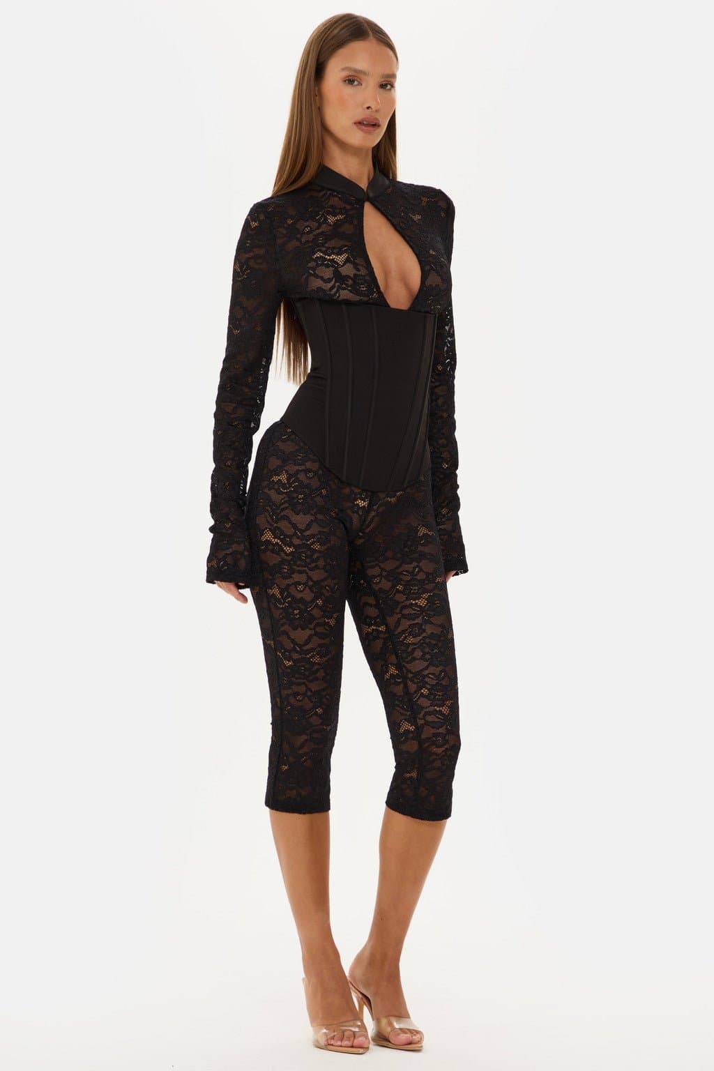 Jagger Long Sleeve Lace Capri Jumpsuit with High Neck and Corset Boning