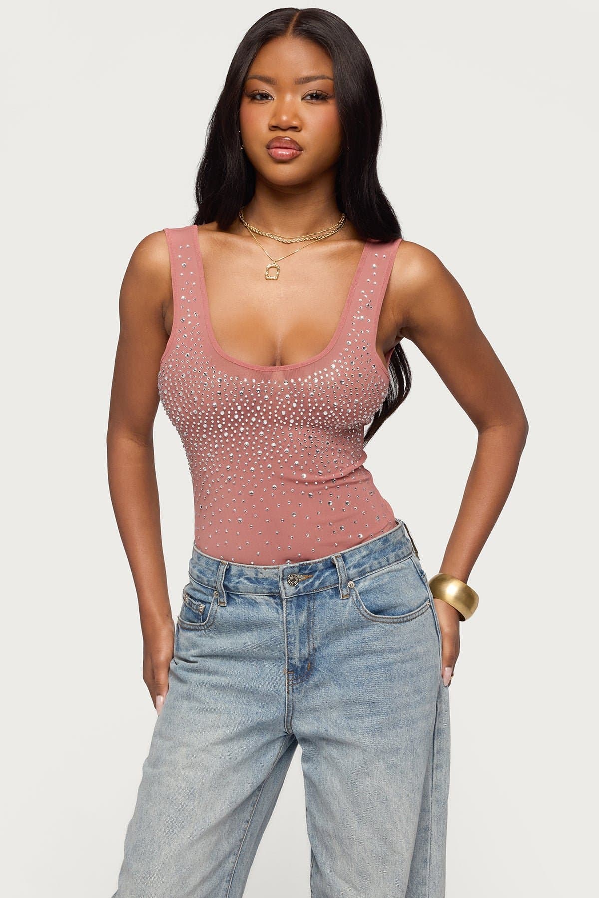 Angelita Rhinestone Sheer Mesh Bodysuit - Scoop Neck Polyester Spandex
