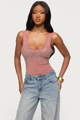 Angelita Rhinestone Sheer Mesh Bodysuit - Scoop Neck Polyester Spandex