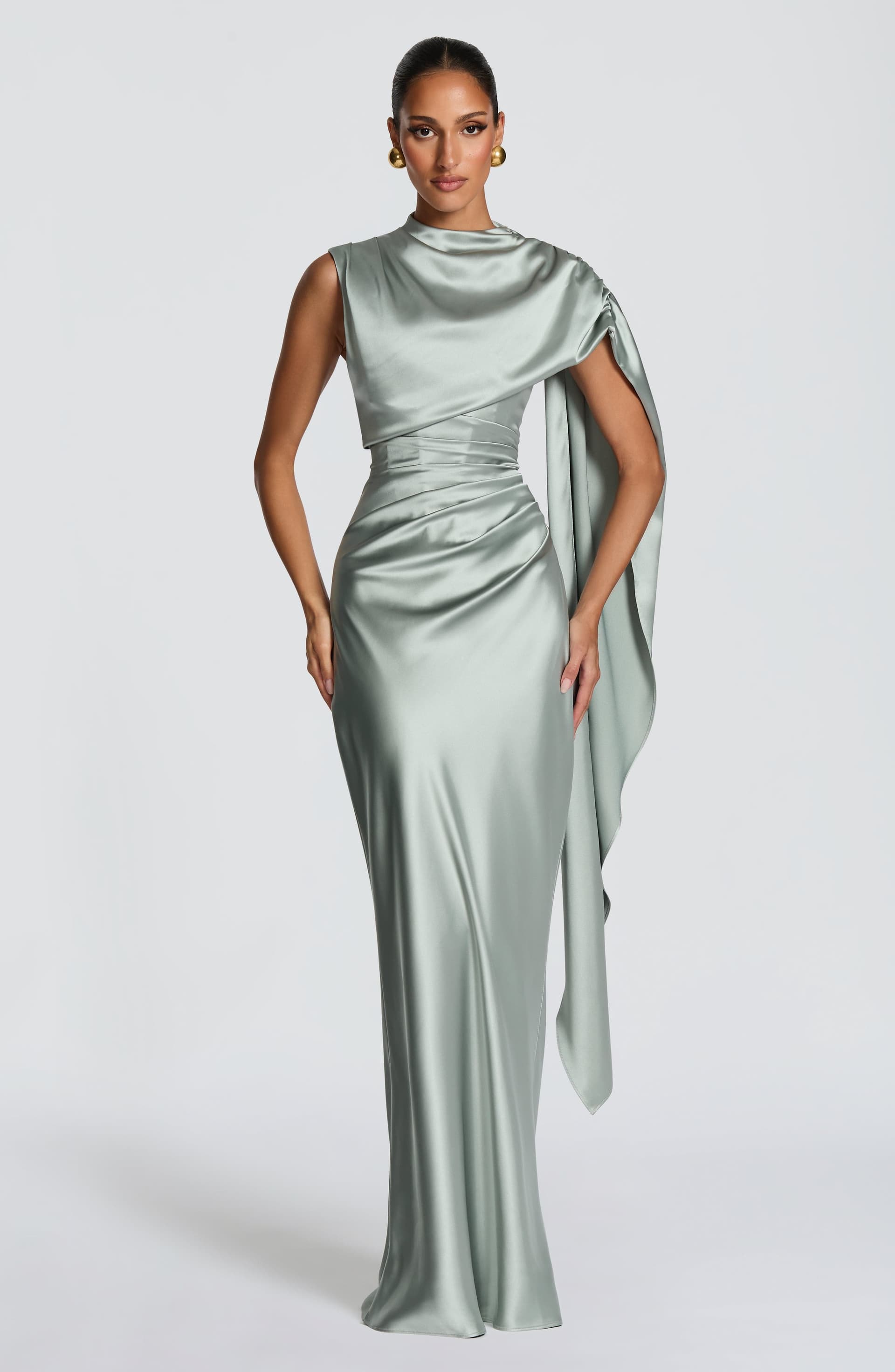 Avendra Maxi Dress - Sage Green Satin High Neck Cape Overlay Lace-Up Back