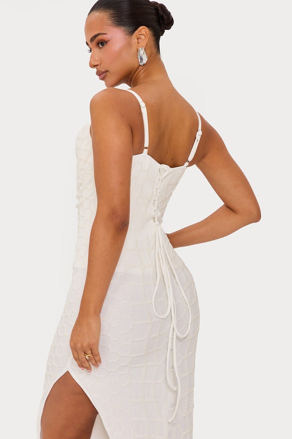 OYSTER Hand Beaded Maxi Dress with Corset and Front Split