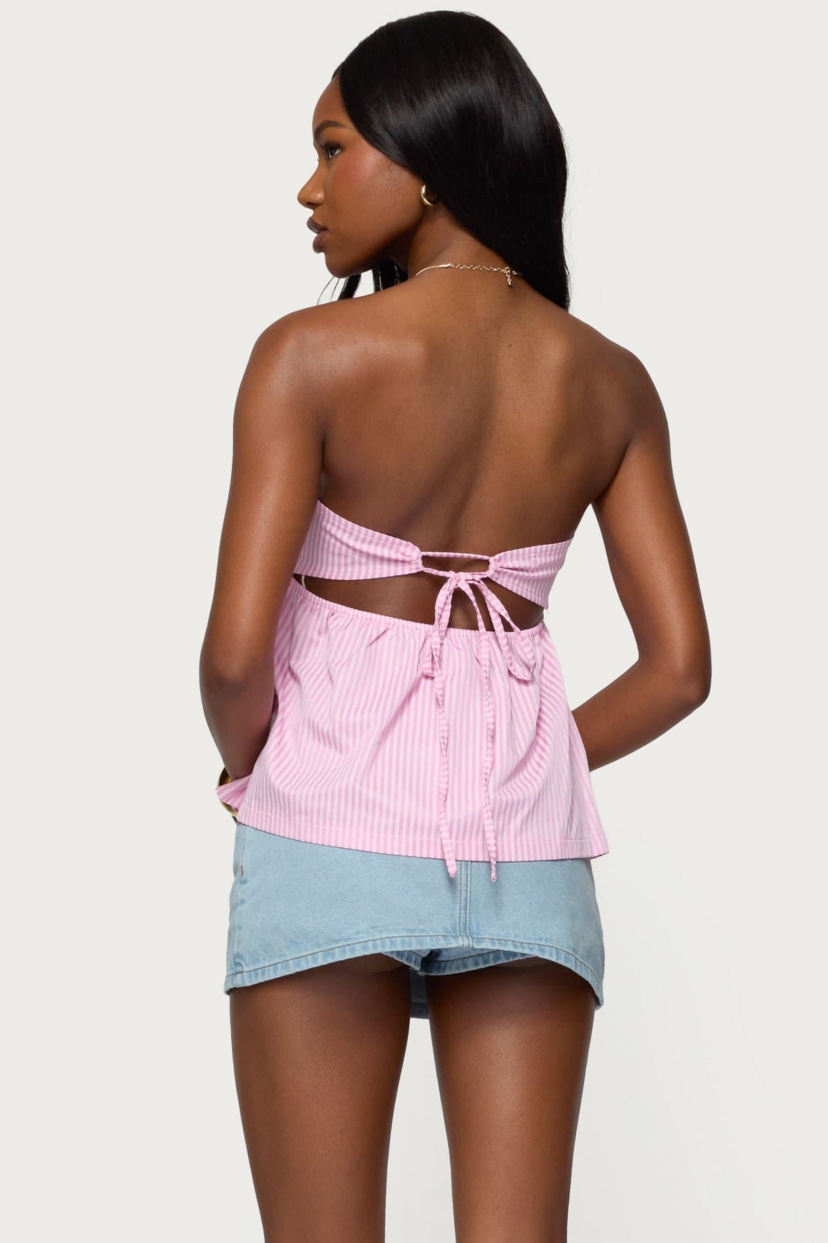 Maddie Strapless Striped Babydoll Top - Polyester with Back Tie Closure