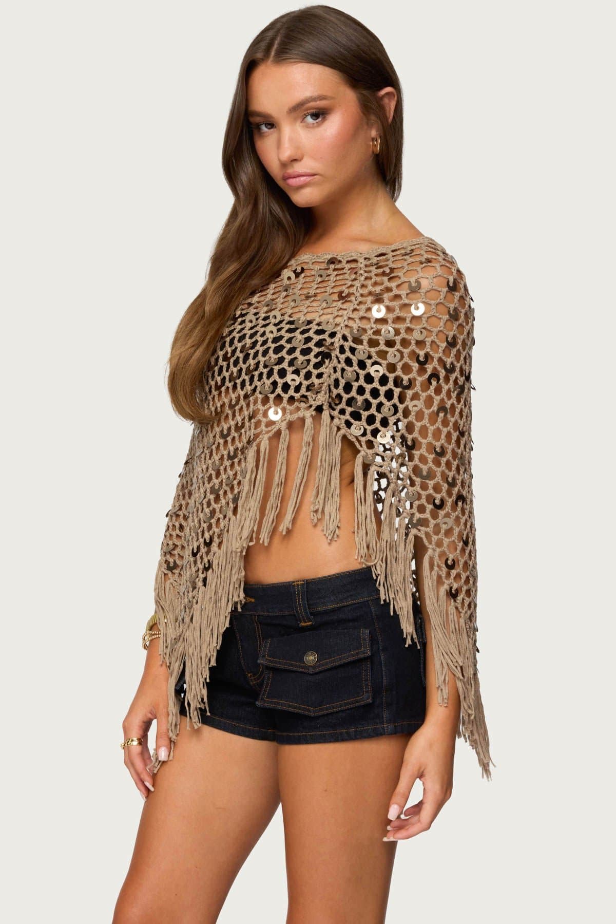 Fringe Sequin Crochet Poncho - Acrylic Fabric