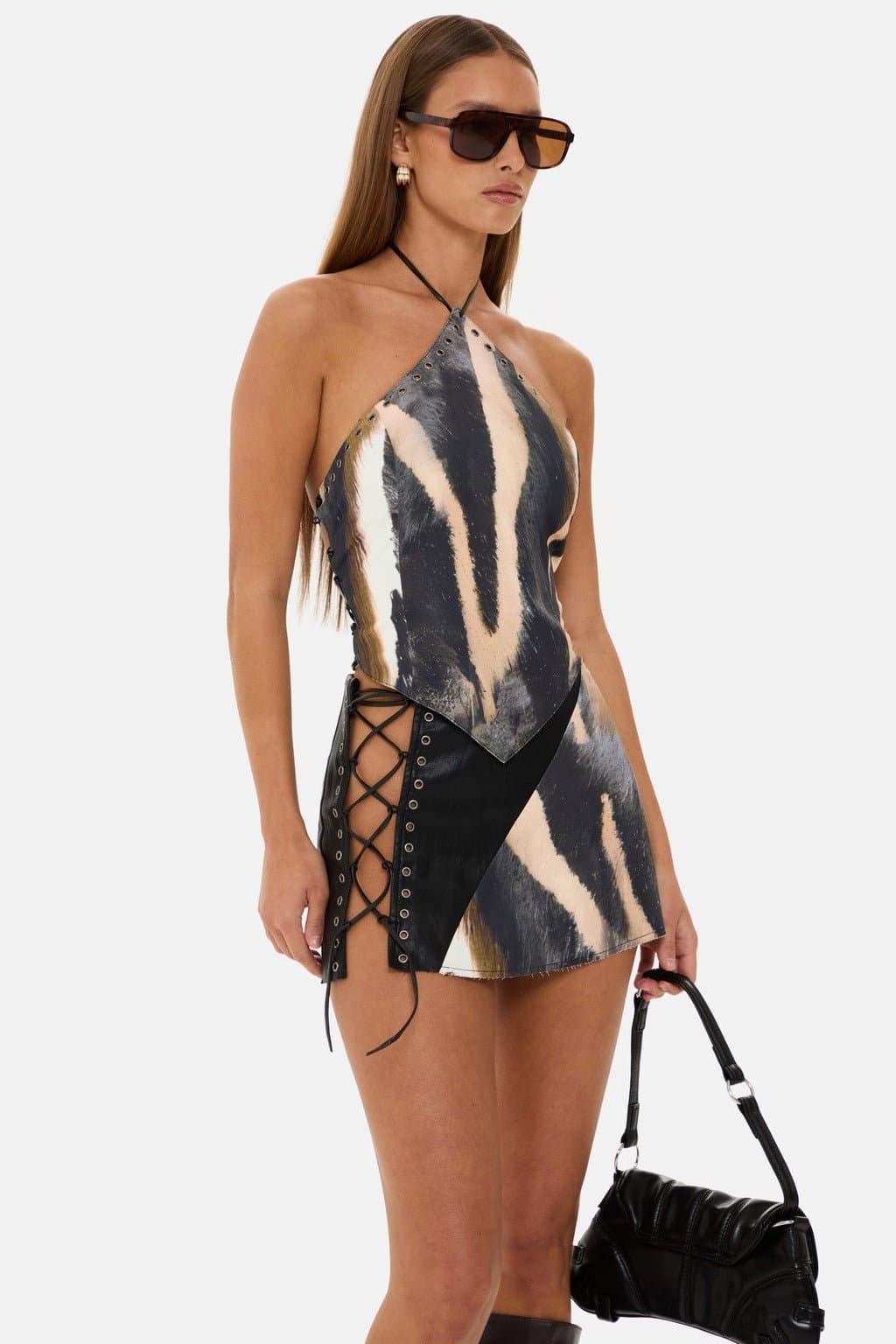 Dallas Zebra Print Co-Ord Set with Halter Neck Top and Lace-Up Skirt