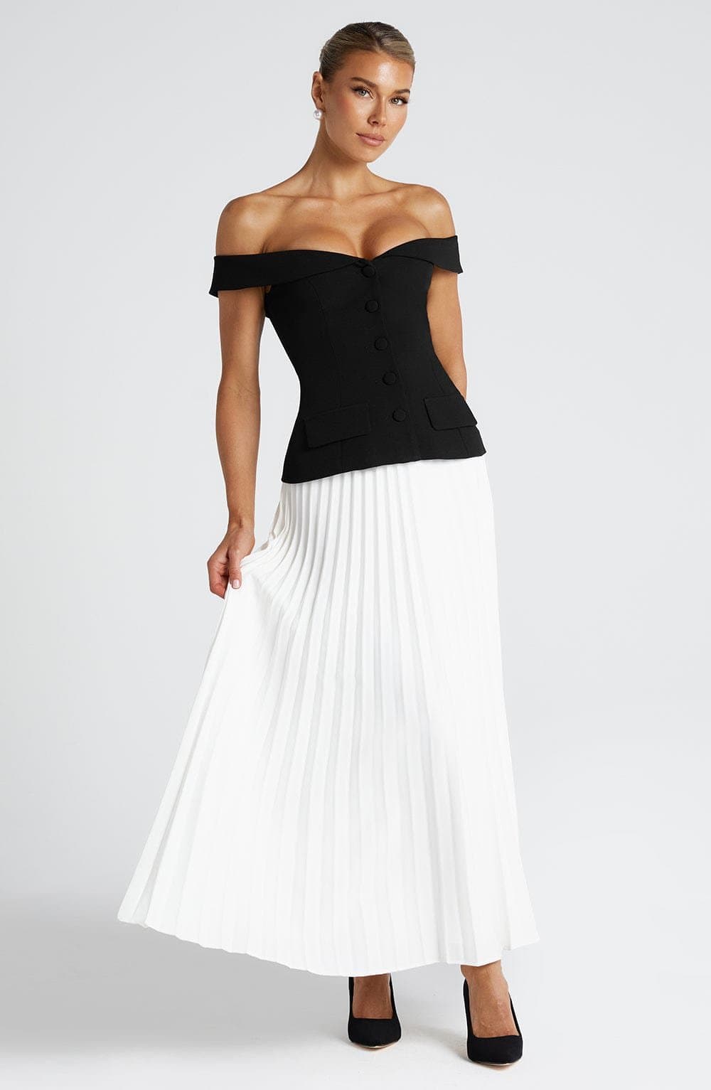 Penny Midi Skirt Ivory Non-Stretch Crepe Pleated Mid-Rise