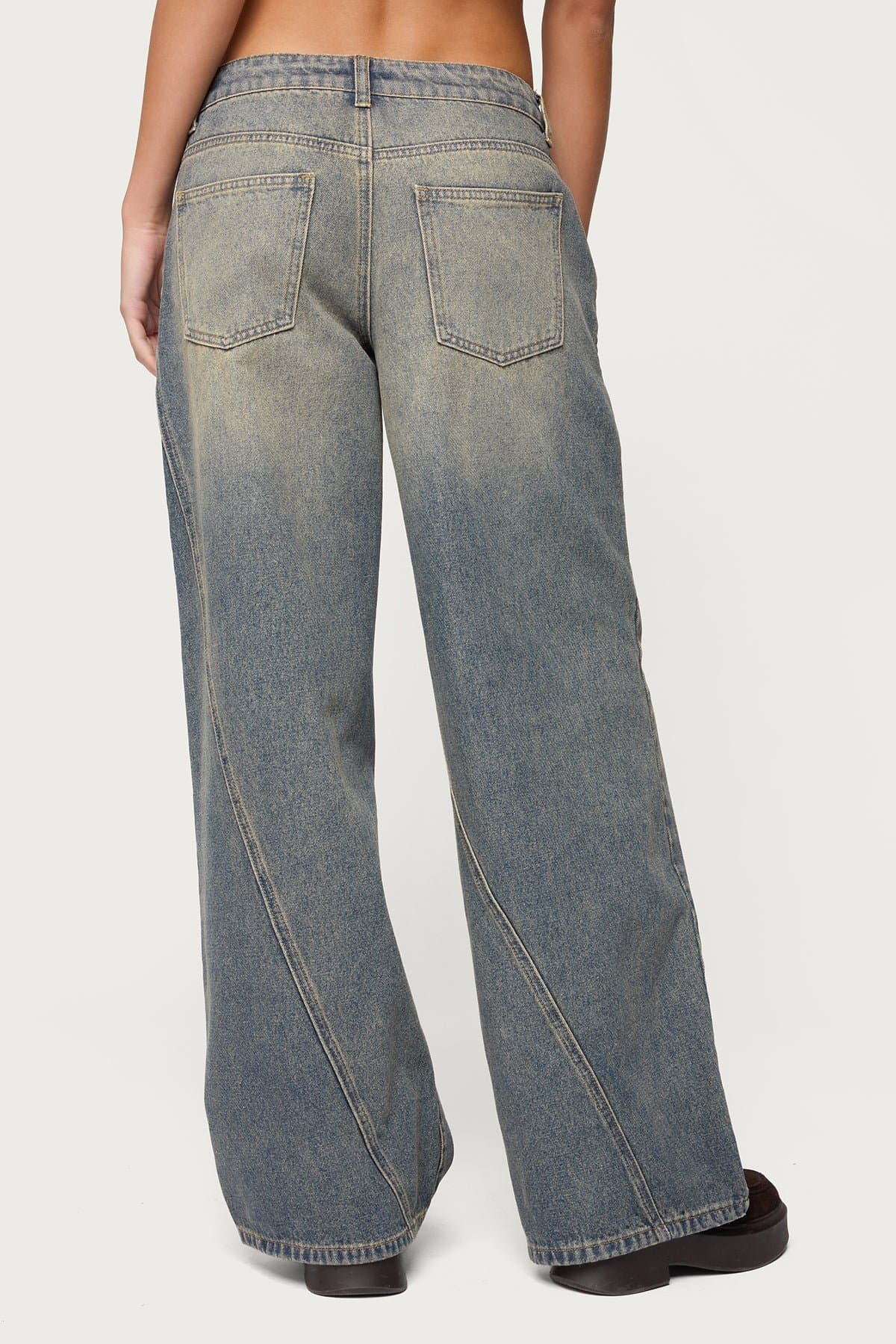Vintage Washed Low Rise Baggy Jeans - 100% Cotton Rigid Denim, Stitch Detailing