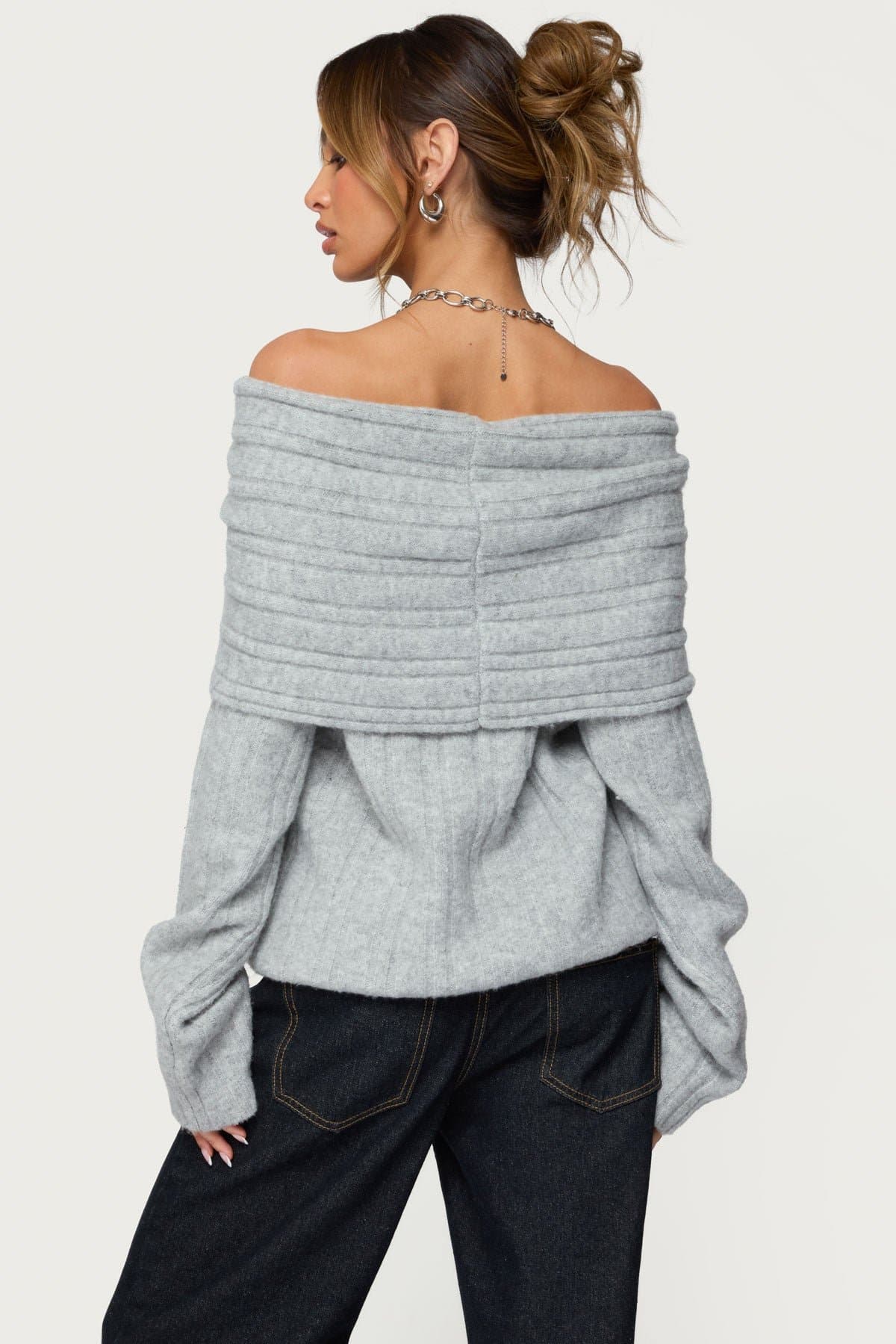 Kadenna Oversized Off Shoulder Sweater - Polyester Nylon Spandex Ribbed Knit