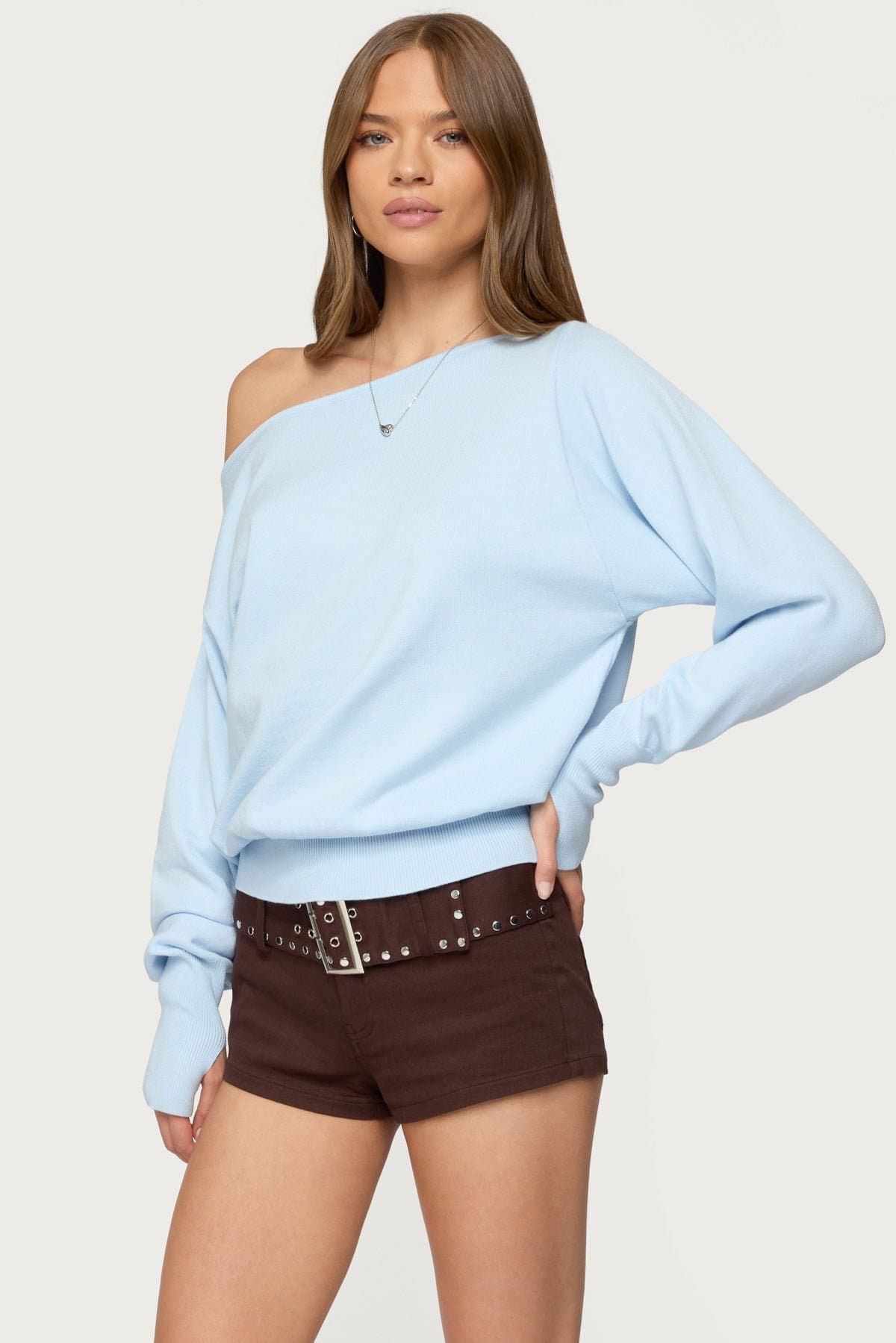 Off Shoulder Oversized Acrylic Sweater with Thumb Holes - Elastic Hem & Cuffs