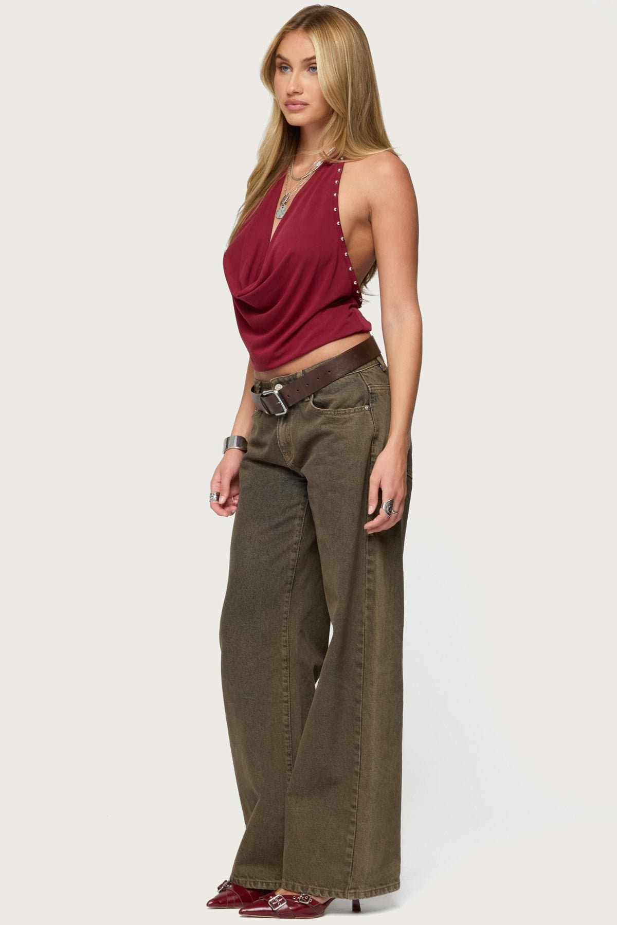 Irina Stud Cowl Neck Halter Top in Rayon Polyester Small Medium Large