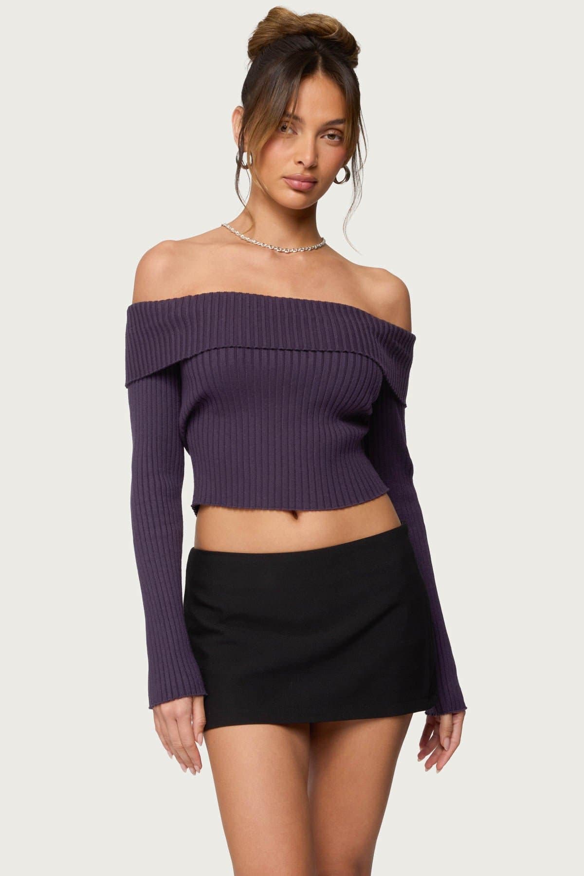 Lauren Knit Foldover Off-Shoulder Long Sleeve Top - Polyester Rayon
