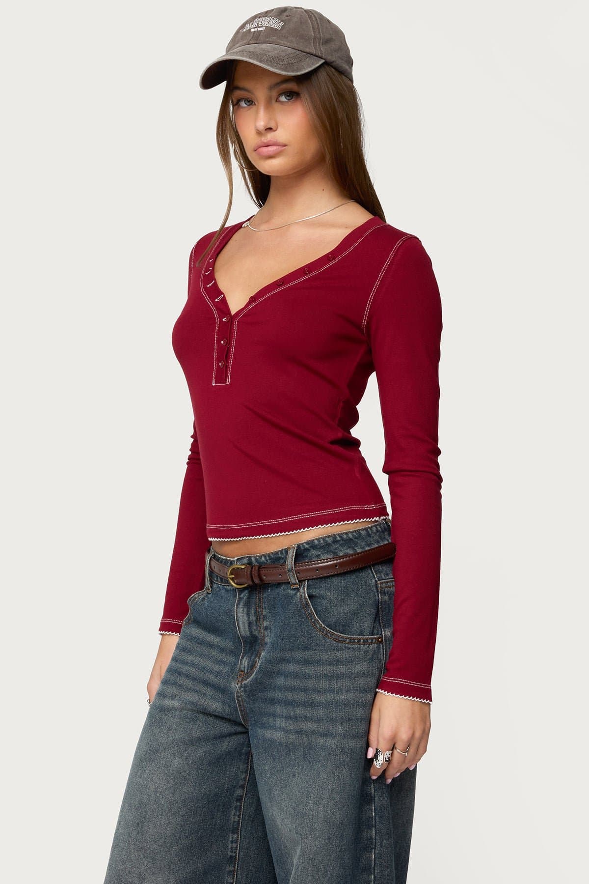 Yael Contrast Stitch Long Sleeve Henley Top in Rayon Spandex