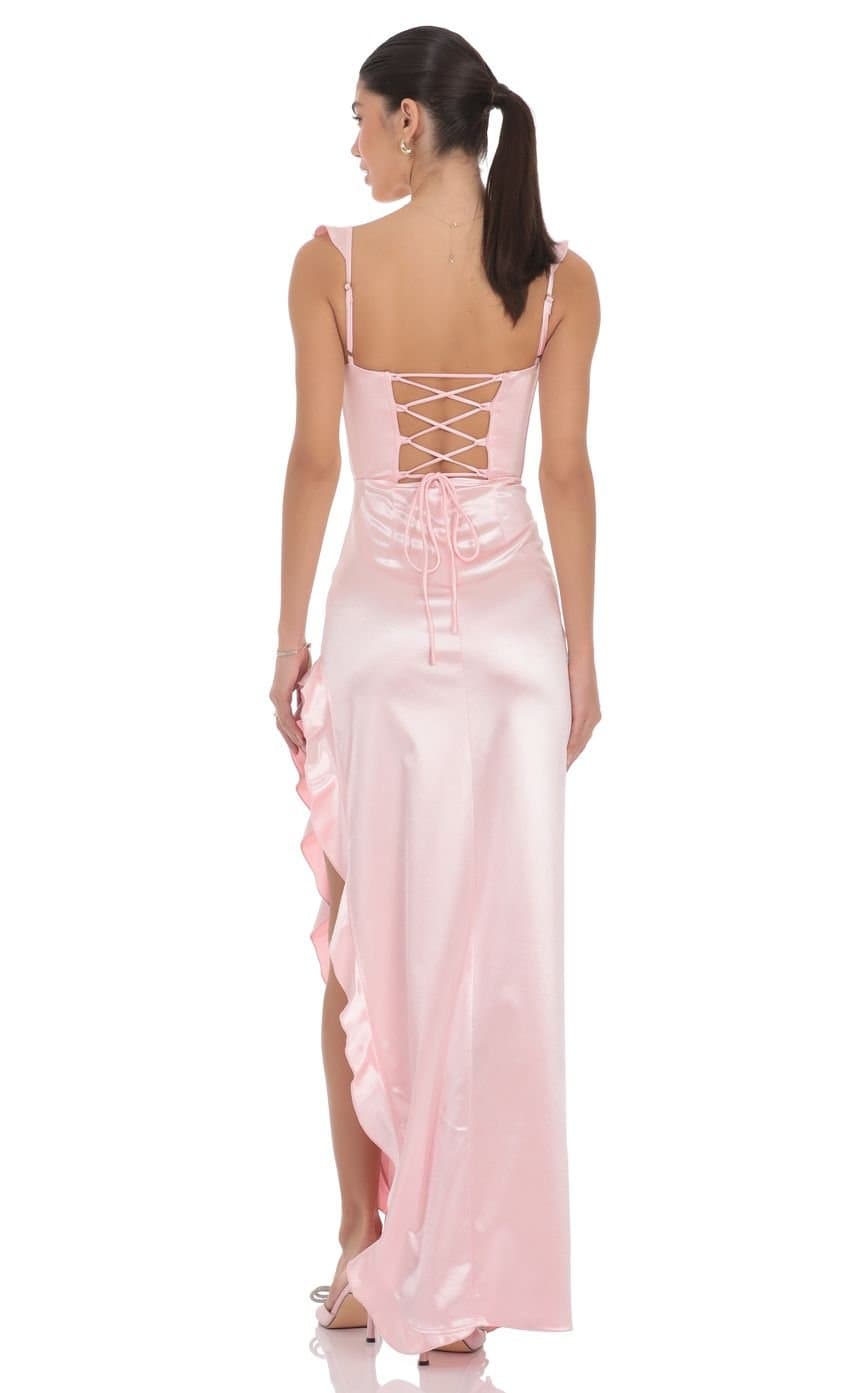 Satin Ruffle Maxi Dress in Pink